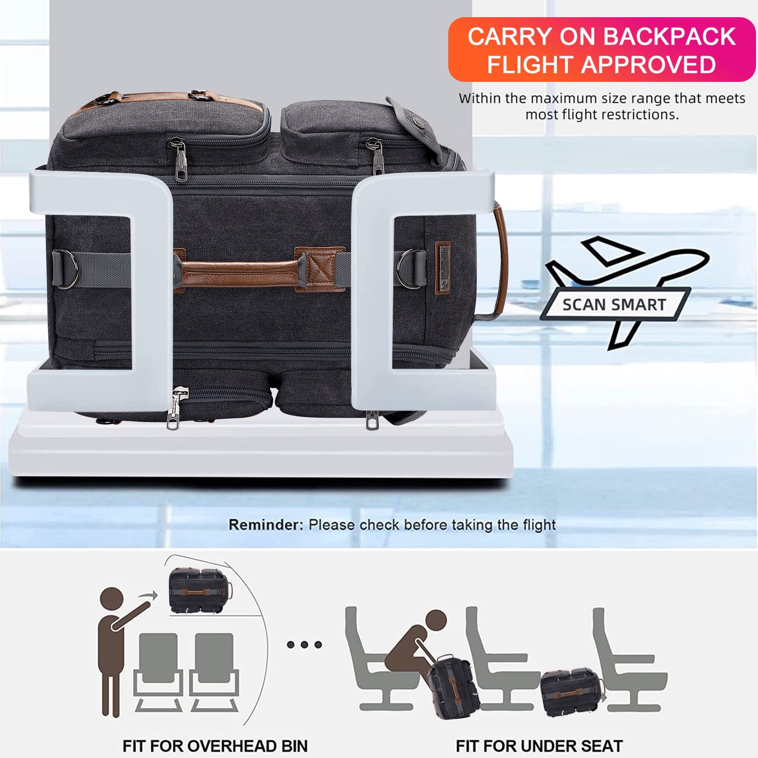 WITZMAN Travel Backpack for Men Carry On Canvas Backpack Luggage Outdoor Duffel Bag (6661 Black) - Image 3