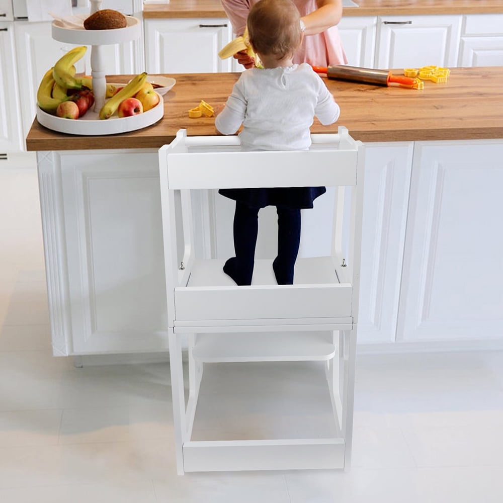 Zzbiqs Kids Kitchen Step Stool with Safety Rail, 2 in 1 Convertible Wooden Toddler Learning Stool Helper Standing Tower for Kitchen Counter, Bathroom, Toilet , White - Image 5