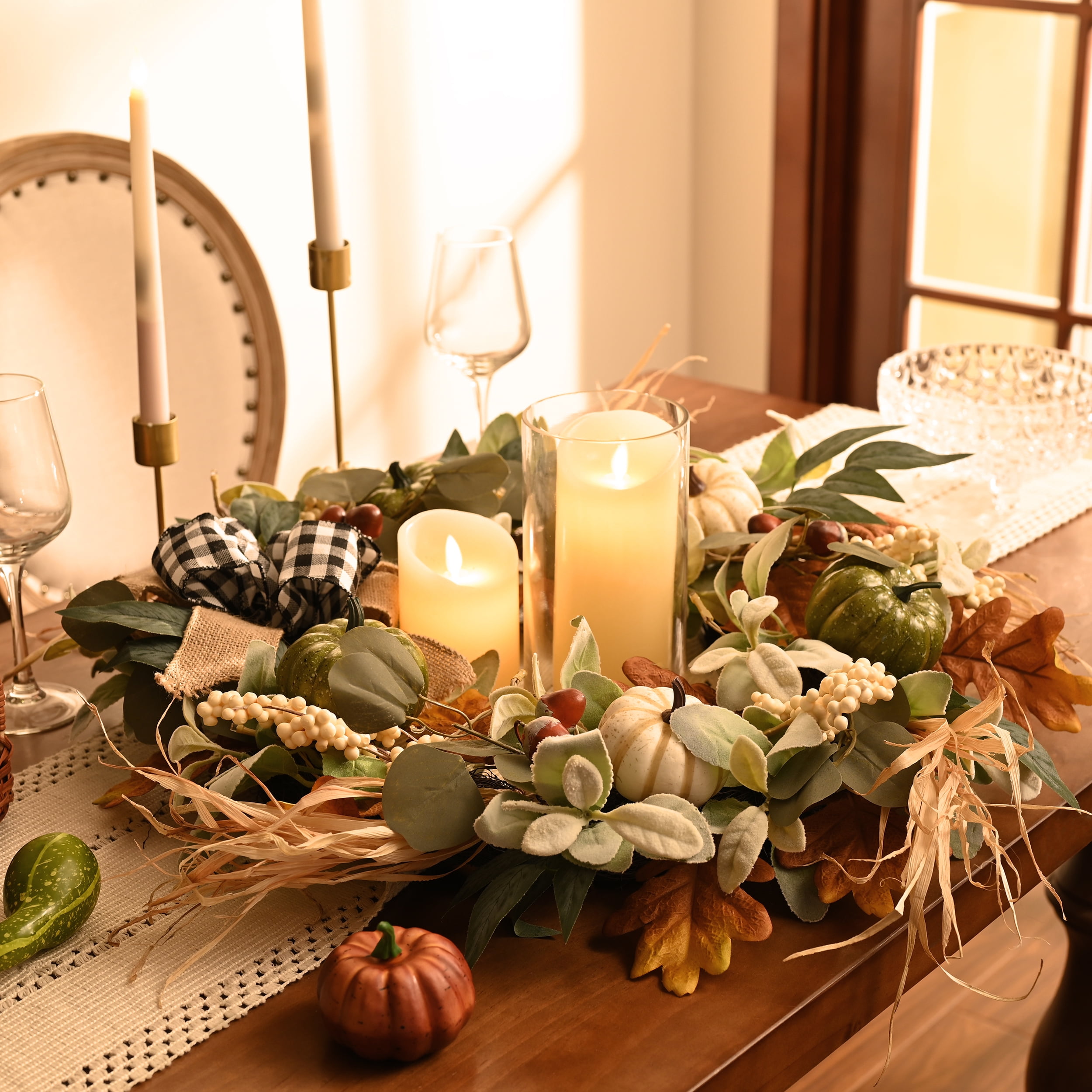 Valery Madelyn 24 inches Pre-Lit Fall Wreath Lighted White Green Thanksgiving Wreath with Pumpkin & Bow for Front Door Fireplace - Image 7