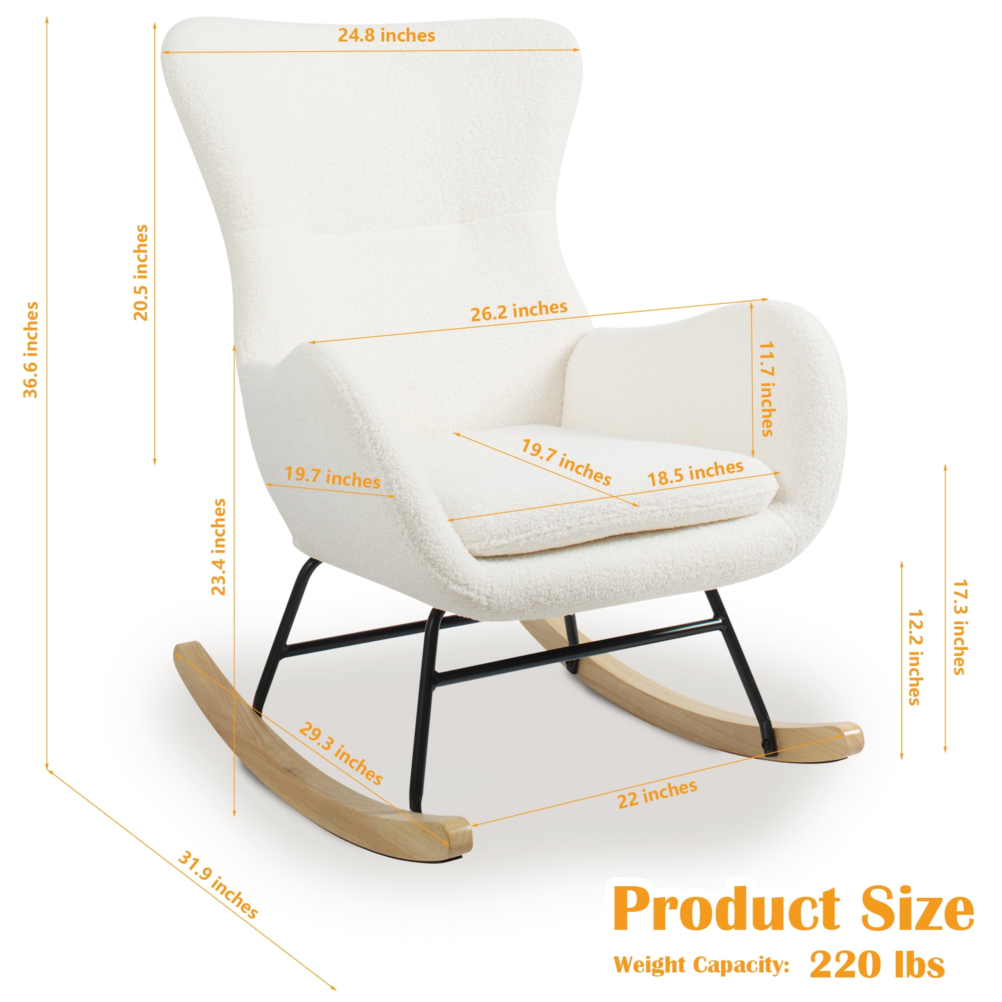 TrumanPick Nursery Rocking Chair, Upholstered Glider Arm Chair Accent Chair with High Wingback for Living Room Baby Bedroom, Teddy Fabric, Ivory White - Image 5