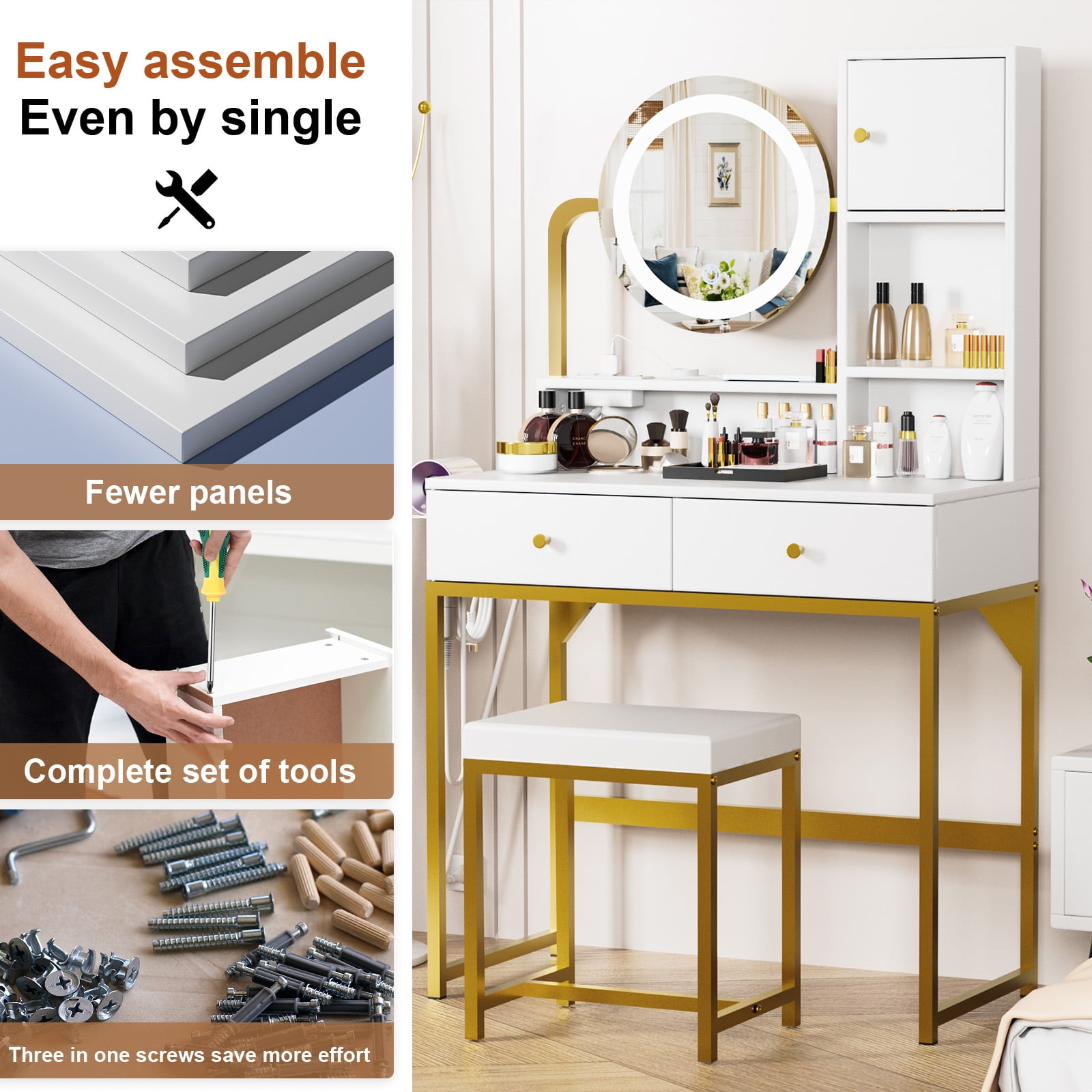 VIPLIVE Vanity Desk with LED Mirror & Power Strip, Bedroom Makeup Table with 2 Drawers, Hair Dryer Rack and Stool, White - Image 8