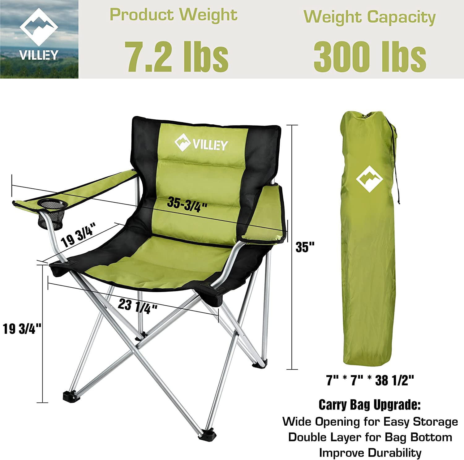 VILLEY Camping Chairs, Padded Folding Chair, Outdoor Portable High Camp Chair for Adult, Foldable Outside Arm Chair with Cup Holder & Carry Bag, Green - Image 6