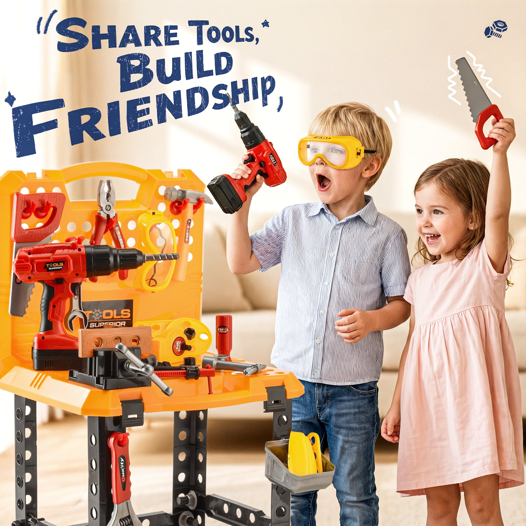 YCFUN 82-Piece Kids Workbench Set, Pretend Play Foldable Workshop with Electric Drill & Building Tools, Realistic Construction Toy for Toddlers Boys - Image 5