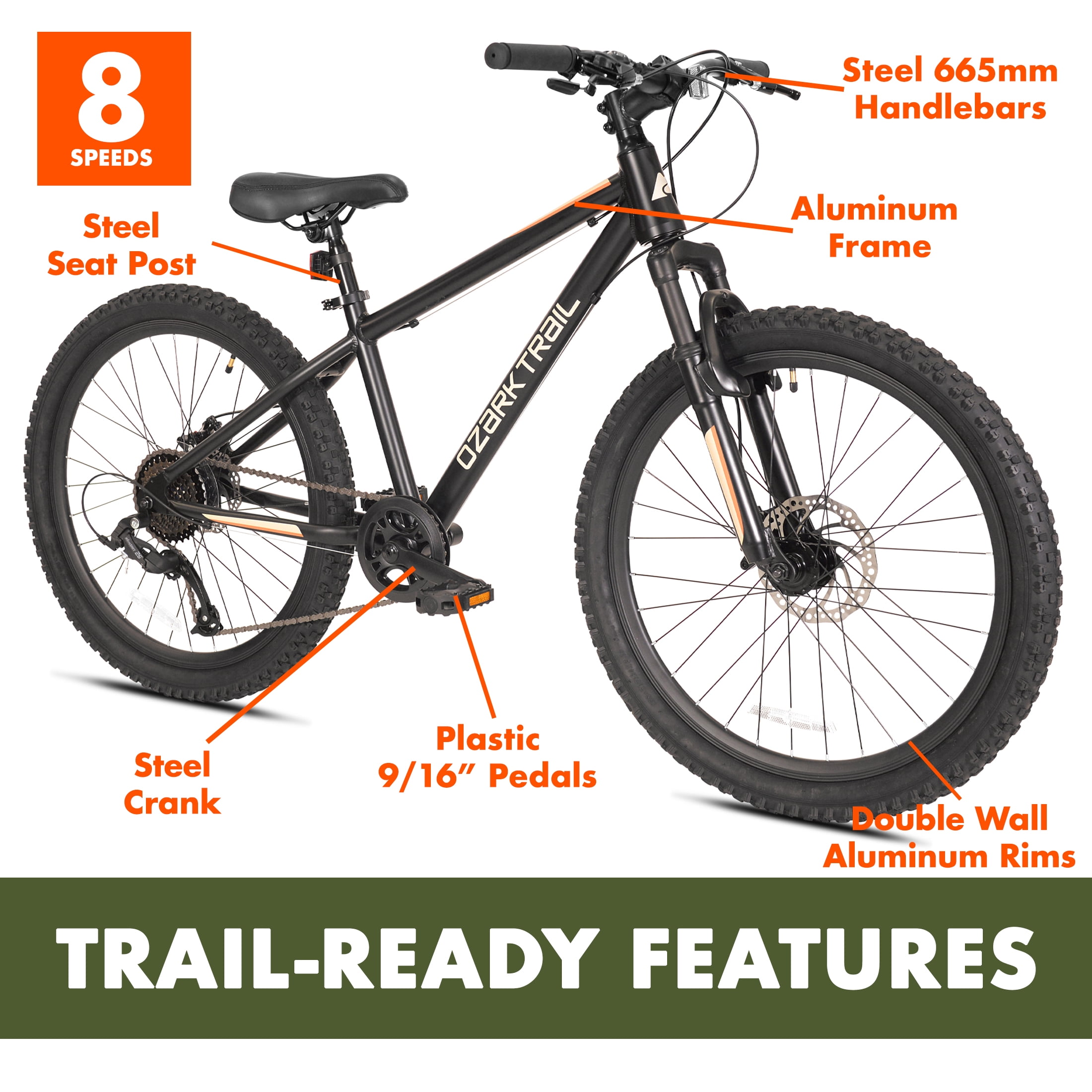 Ozark Trail 24" M.1 Vibe Mountain Bicycle, 8 Speed, Black, Fits Riders 4'6" - 5'6", Teen, Unisex - Image 6