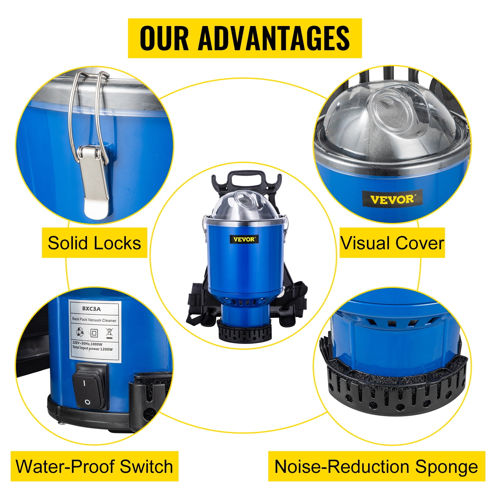 VEVORbrand Commercial Vacuum Cleaner, 5 in 1 HEPA Backpack Vacuum Cleaners, 3.6qt Lightweight Filtration Backpack Vacuum, Commercial Industrial Backpack Vacuum with Telescoping Wand, Tool Kit, Corded - Image 7