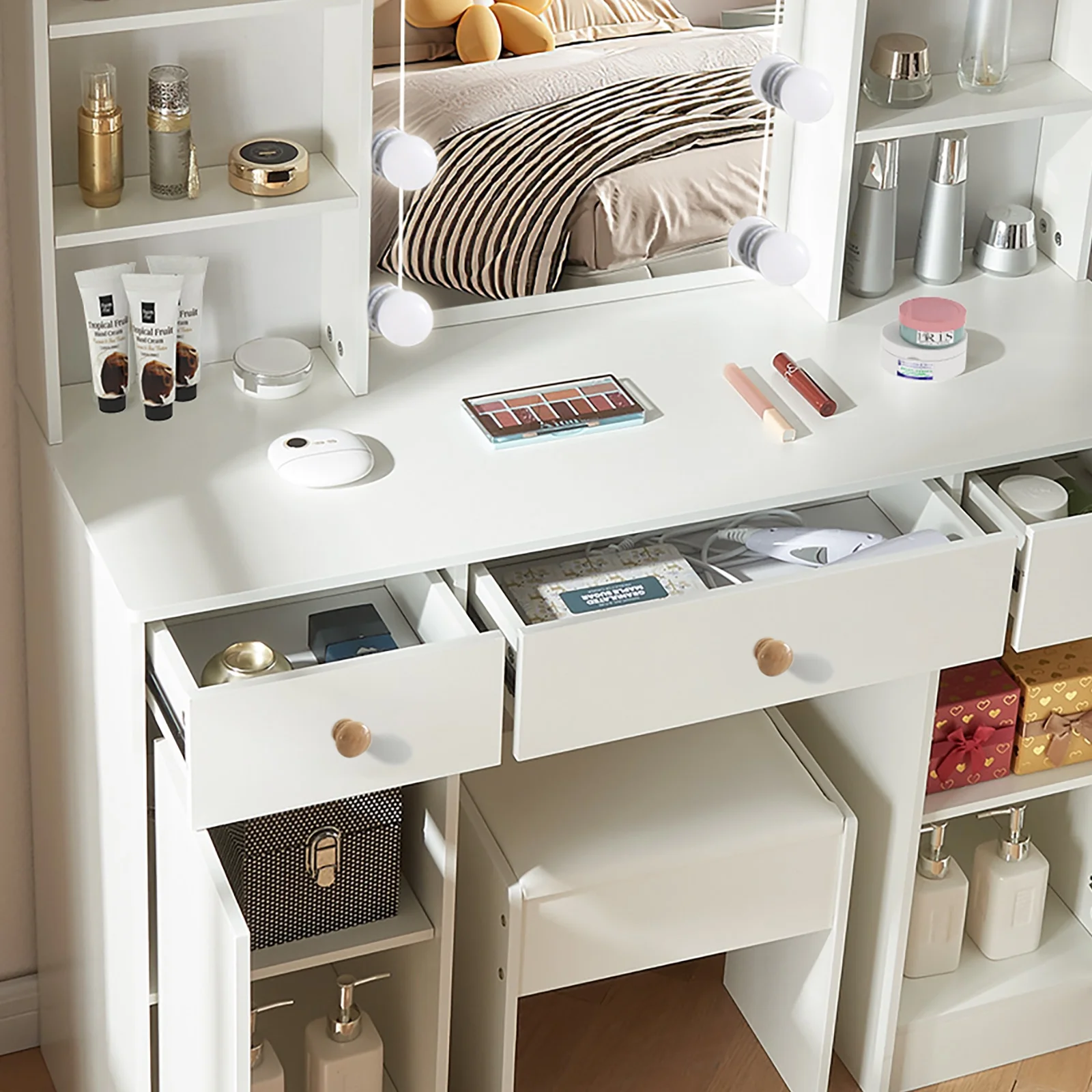 Yamissi Large Vanity Set with Stool, Sliding Mirror & 10 LED Lights, Makeup Dressing Table with 3 Drawers and Cabinets for Bedroom, White - Image 4