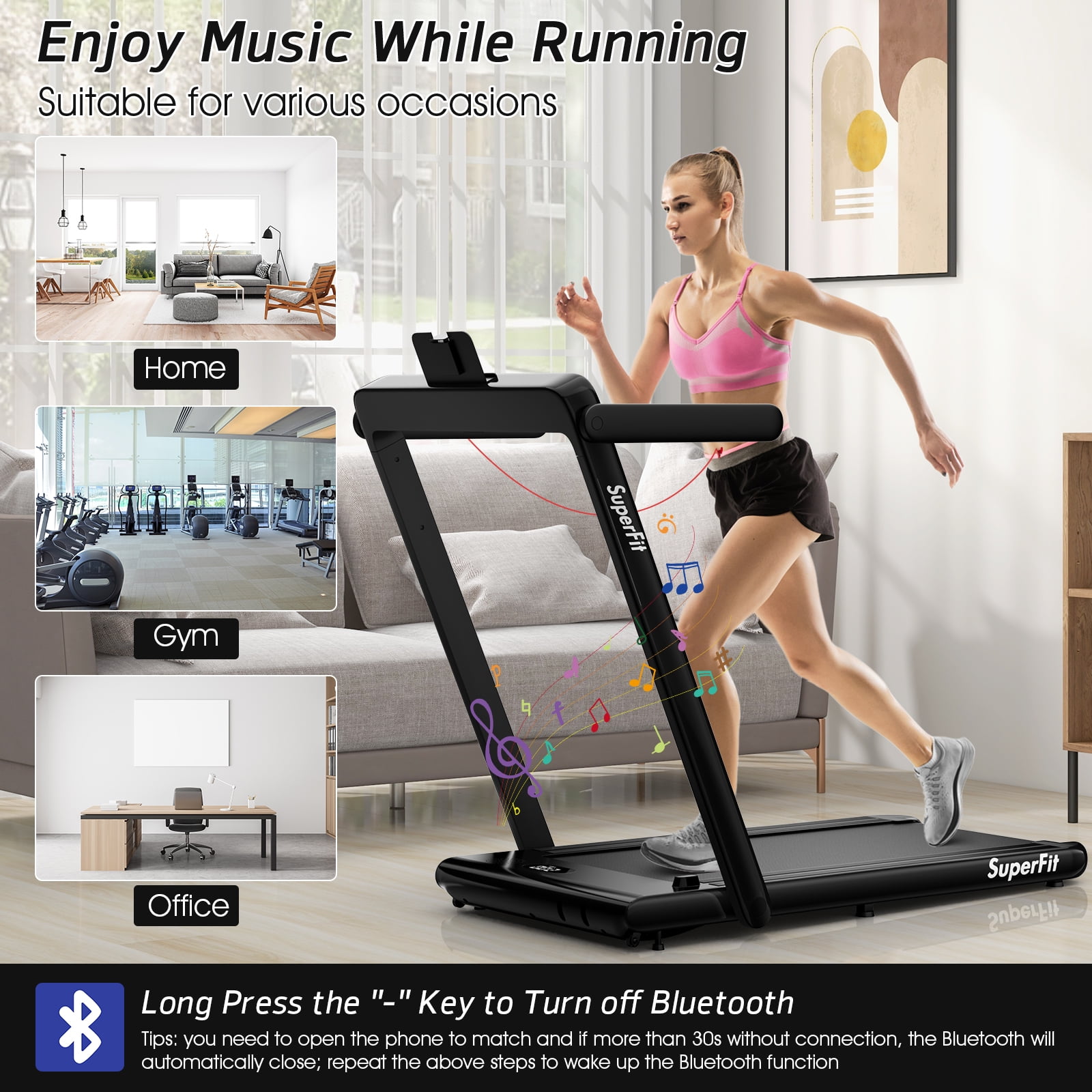 SuperFit Up To 7.5MPH 2.25HP 2 in 1 Dual Display Screen Treadmill Jogging Machine W/APP Control Black - Image 6