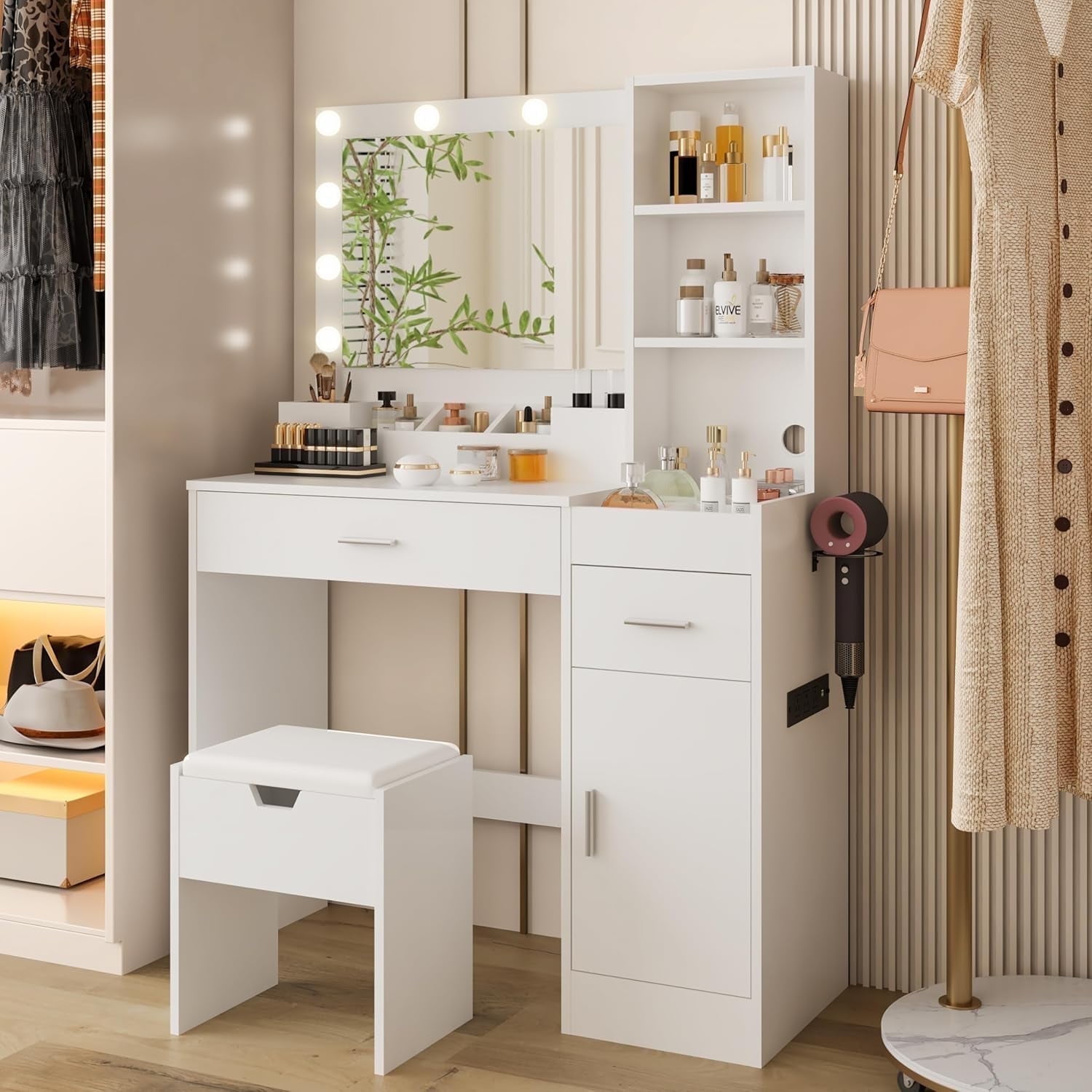 Vanity Table Set with Mirrors and Adjustable Lights ,Makeup vanity With Power Outlet for Bedroom Dressing Room,White - Image 6