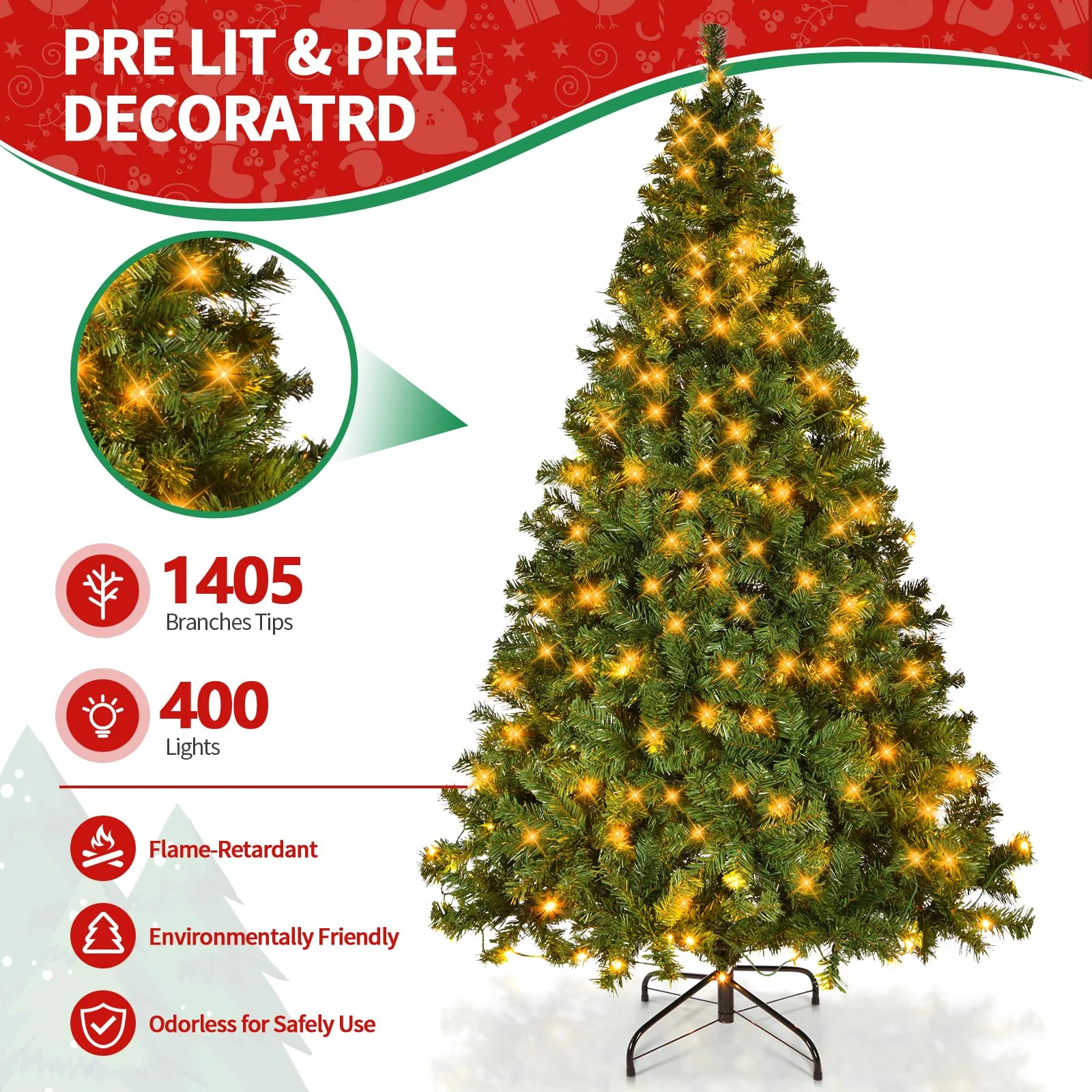 Vebreda Pre-Lit Artificial Christmas Tree 7.5ft with 450 Clear Incandescent Mini Lights, Indoor Outdoor Green - Image 3
