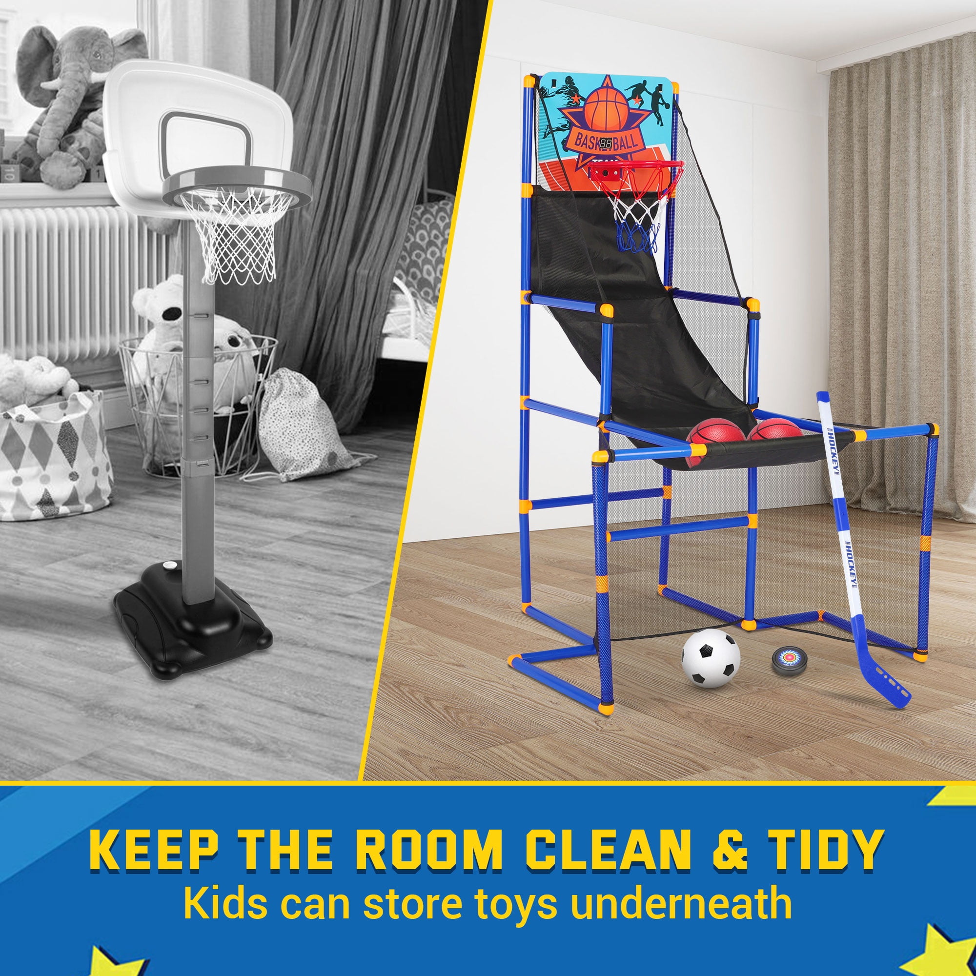 3 in-1 Kids Arcade Basketball Game & Hockey & Soccer, With 4 Basketball Balls, Football, Hockey, Hockey Stick, Pump, Electronic Scoreboard Sound for Toddlers, Basketball Goal for Kids Boys Girls - Image 6