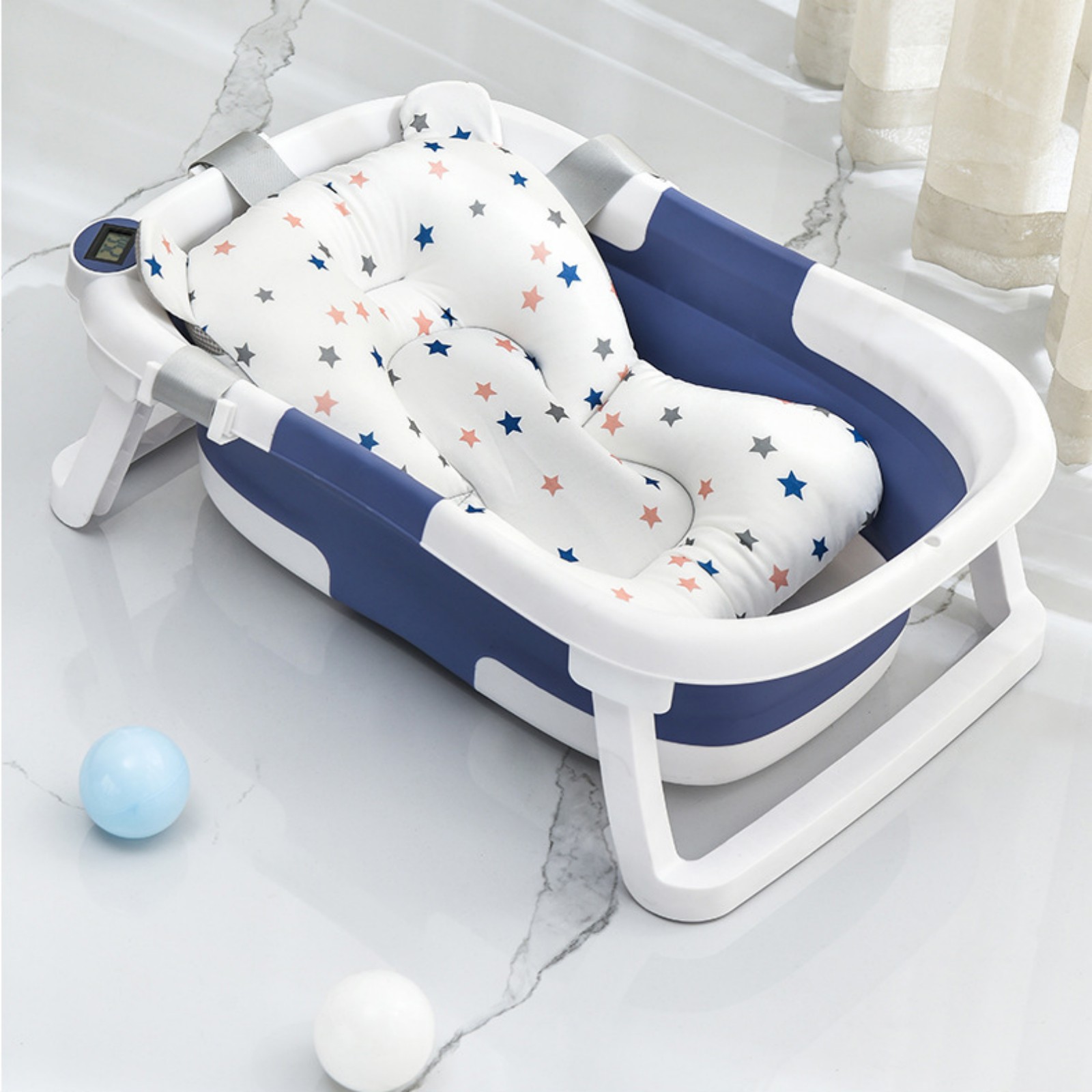 Yuhuan Collapsible Baby Bathtub Portable Foldable Baby Bath Tubs with Cushion & Thermometer & Bath Cap and Shampoo Brush for Infants to Toddler,Blue - Image 4
