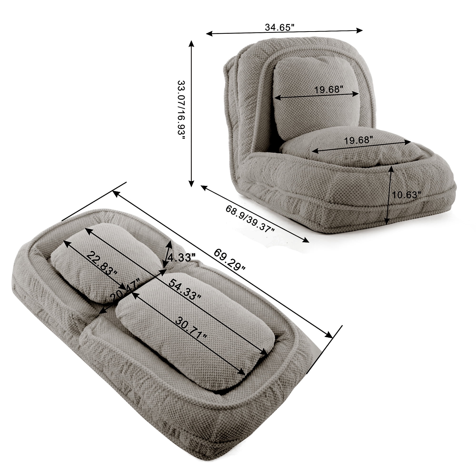 Aukfa Fold Lazy Sofa Bed,Floor Chair Small Couch with 5 Adjustable for Living Room, Gray - Image 7