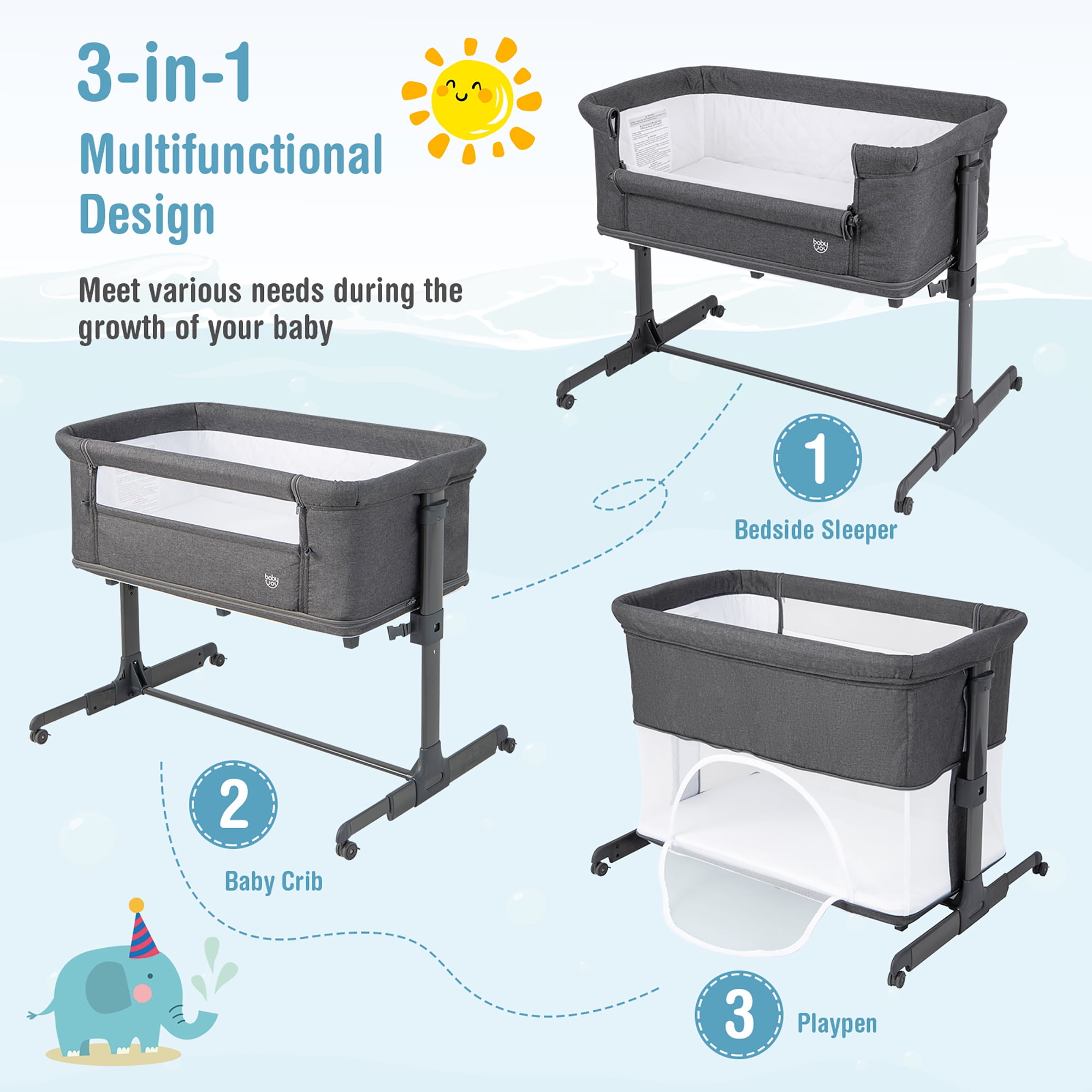 Costway 3 in 1 Baby Bassinet & Bedside Sleeper with Mattress Adjustable Portable Playard - Image 7