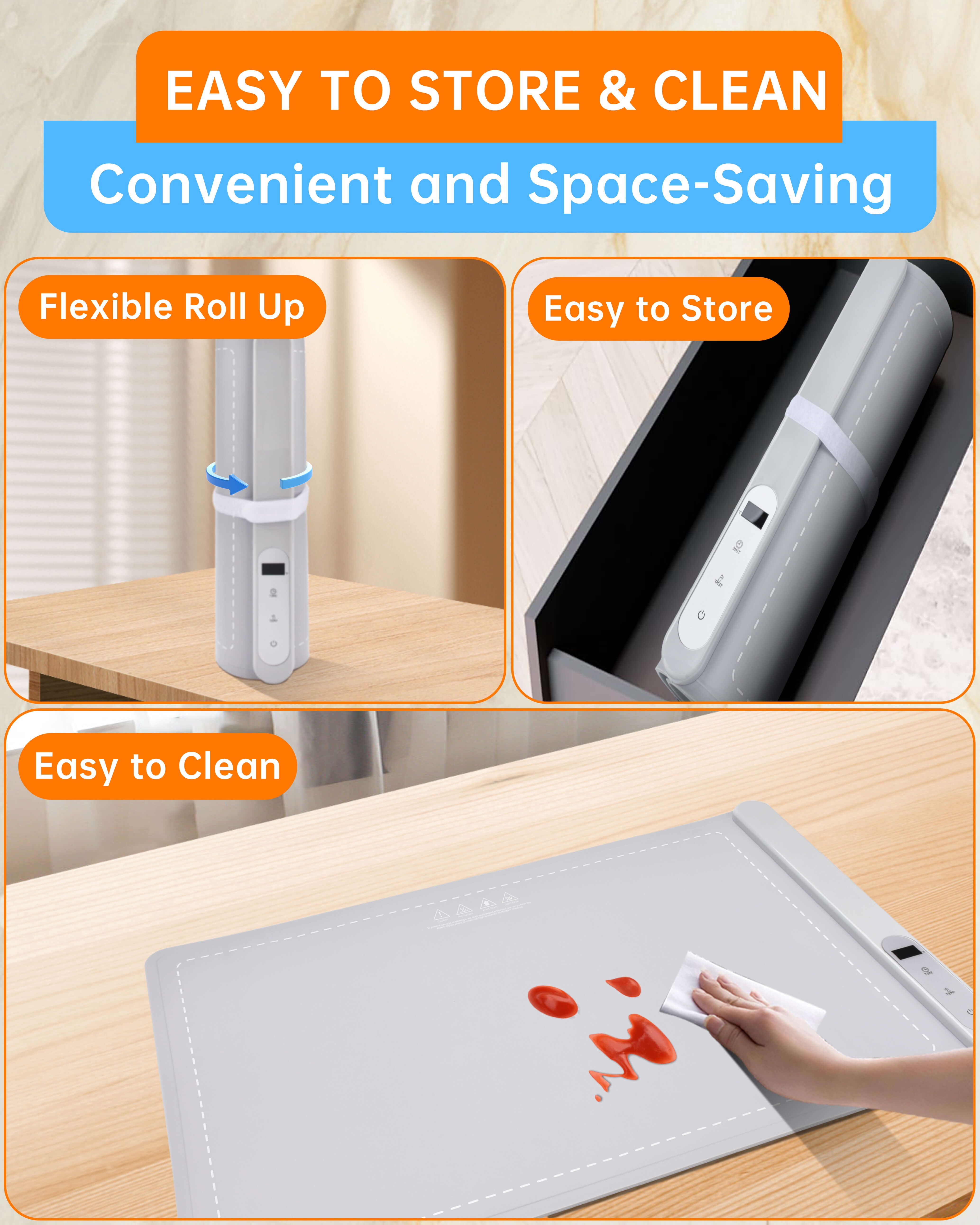 Aotto Electric Warming Tray with Adjustable Temperature, Foldable Food Warmer for Parties, 6 Temperature Levels, Auto Shut-Off Food Warmer Mat for Buffet, Gatherings, Everyday Use, Gray - Image 4