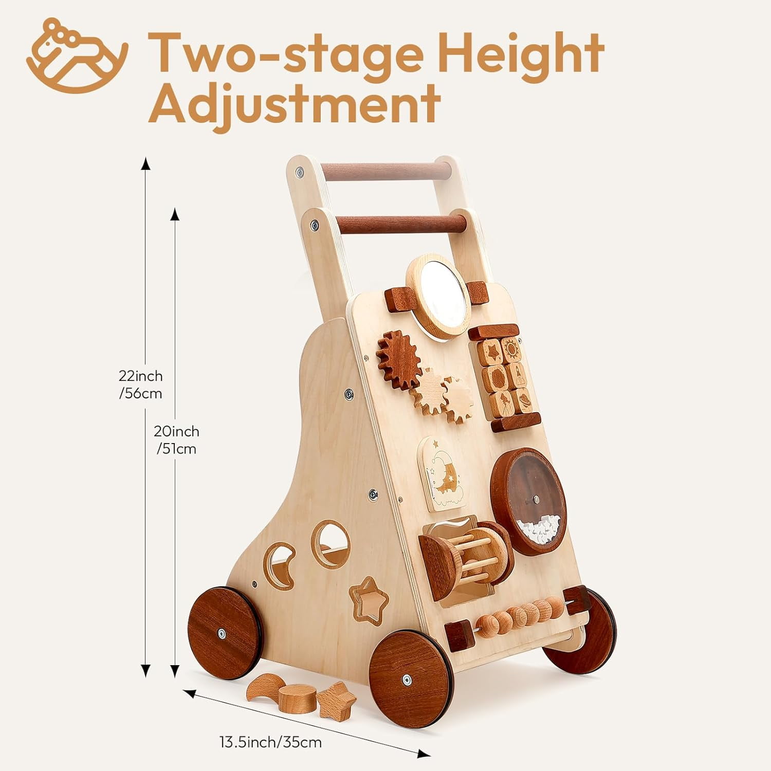 Woodtoe Wooden Baby Walker, Adjustable Push and Pull Learning Activity Center Walker Toy, Natural Wood Sit to Stand Walker for Baby Learning to Walk, Educational Gift for Toddler Boy Girl 1+ - Image 5