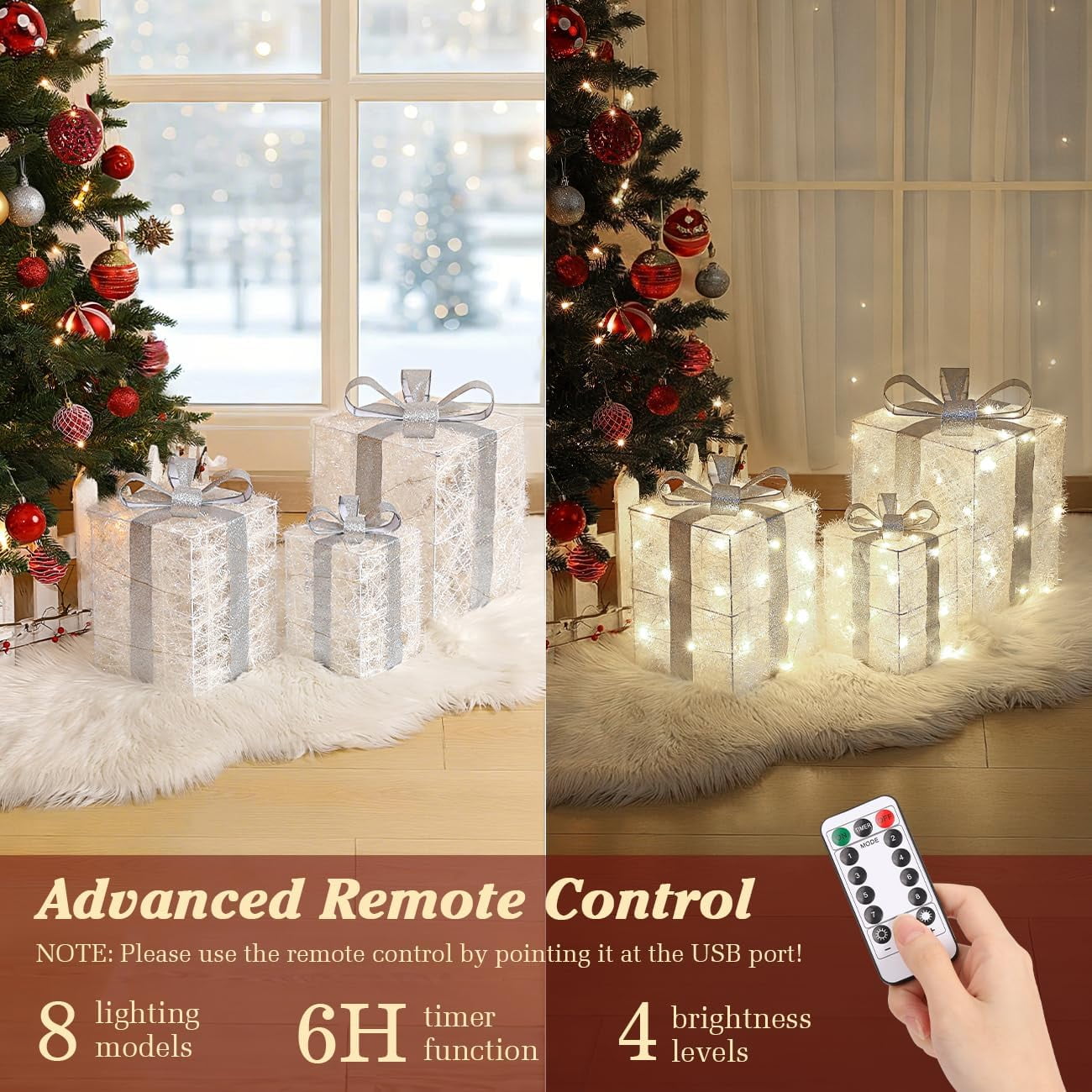 uxspire LED Gift Boxes Set of 3, Battery Operated, Metal Frame, White, 90 LED Bulbs, Indoor/Outdoor - Image 5