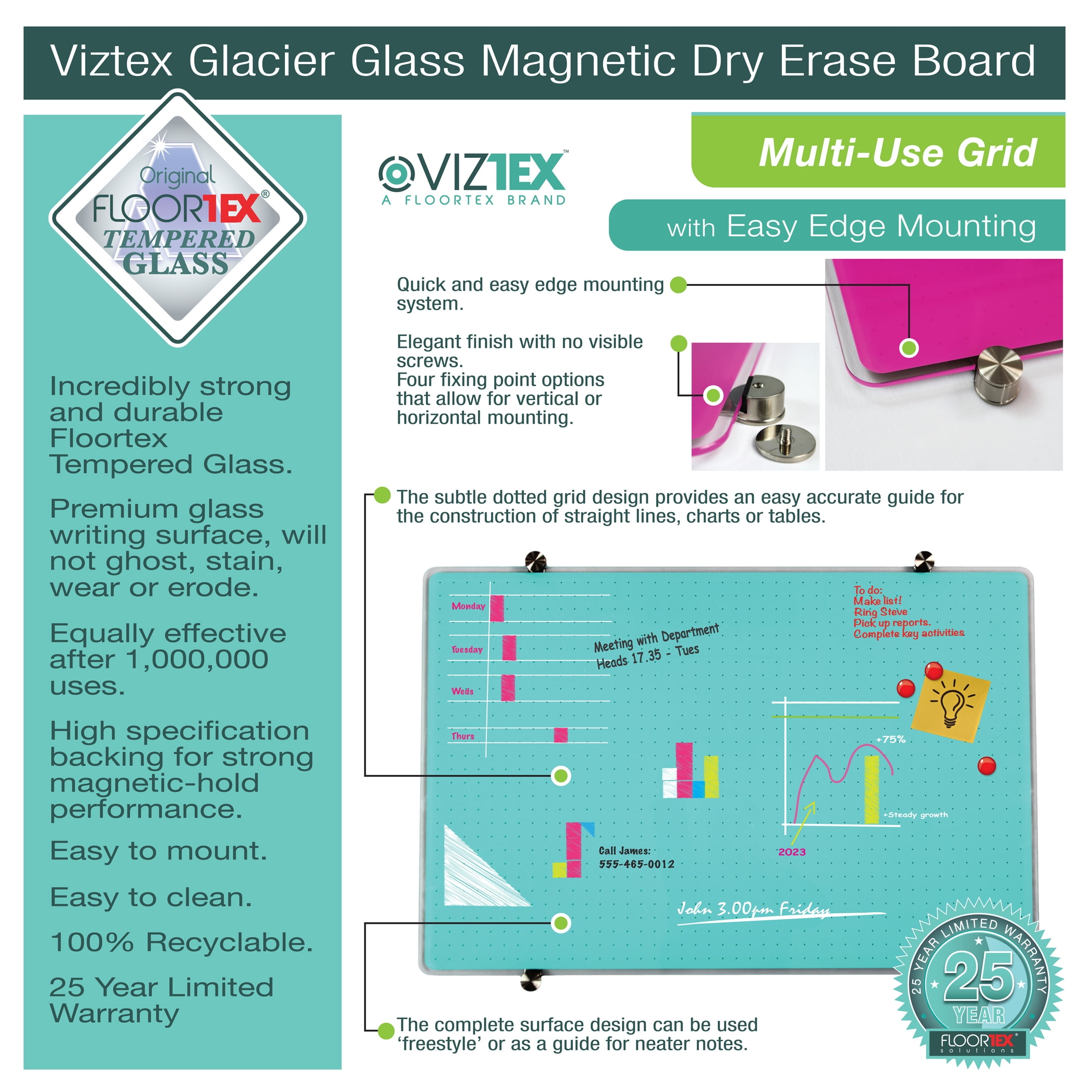 Viztex® Glacier White Multi-Purpose Grid Glass Dry Erase Board 24" x 36" - Image 2