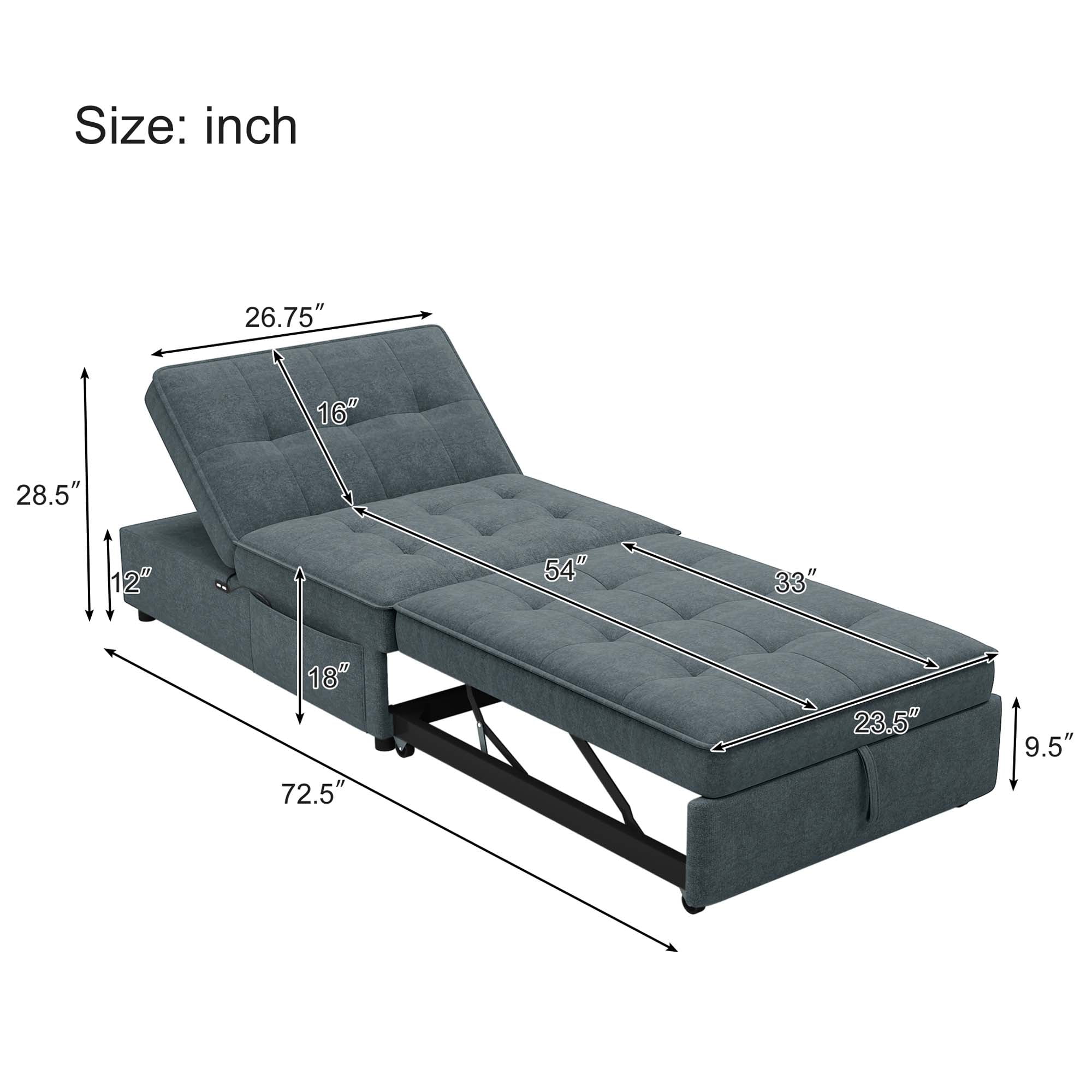 Aukfa Convertible Sleeper Sofa Chair Bed, 3-in-1 Pull Out Sleeper Chair with USB Port and Pocket for Living Room - Gray - Image 5