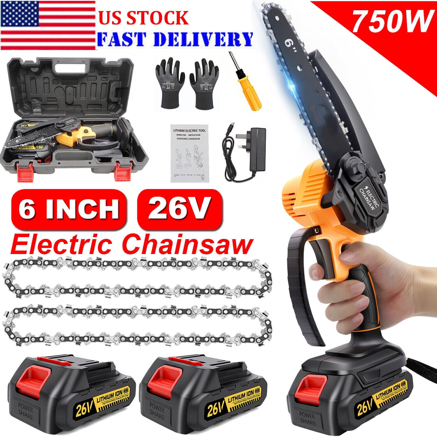 6" Mini Chainsaw 26V Battery Powered Chainsaw ,with Safety Lock,with 2 Batteries 2 Chains, Cordless Handheld Chain Saw Wood Cutter - Image 4