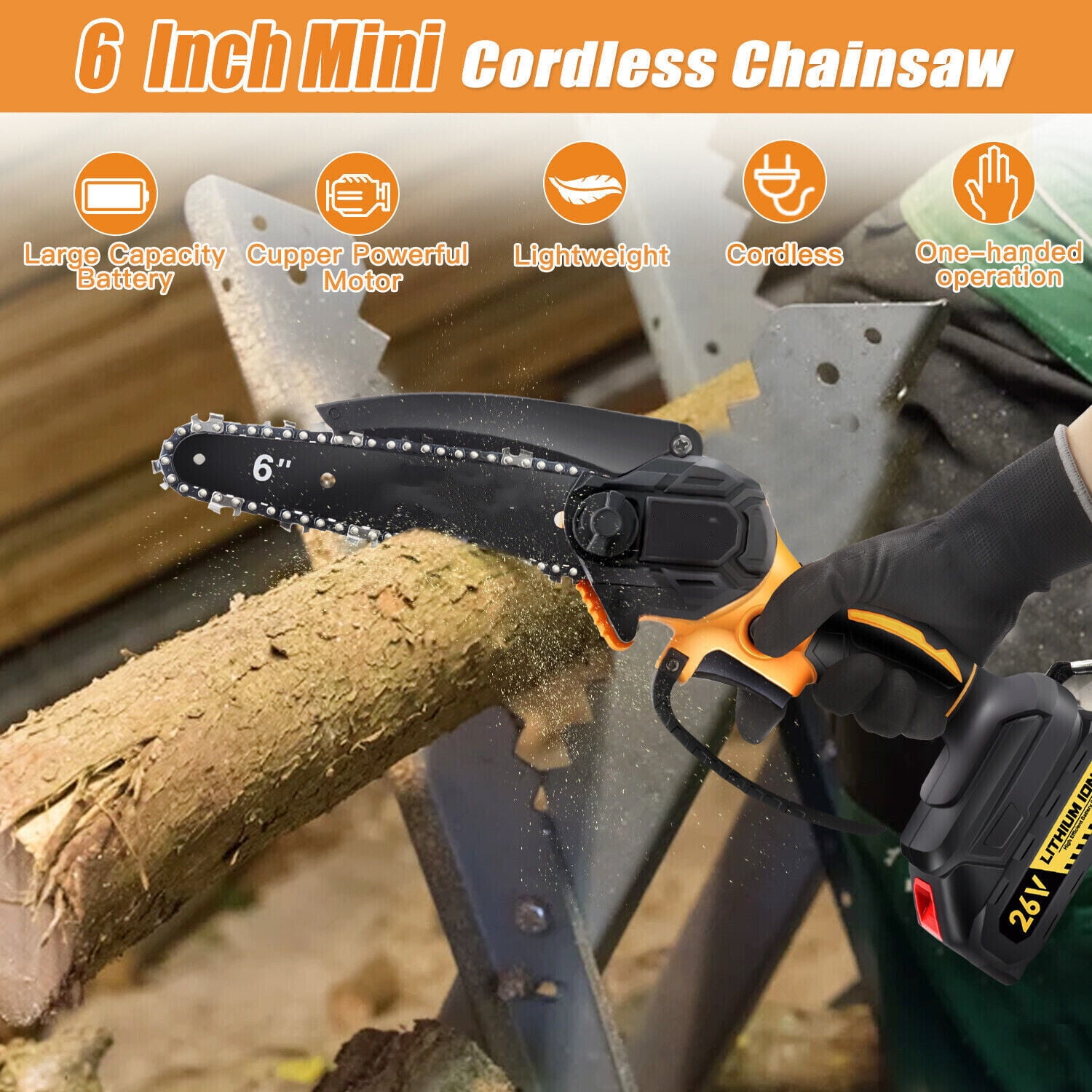 6" Mini Chainsaw 26V Battery Powered Chainsaw ,with Safety Lock,with 2 Batteries 2 Chains, Cordless Handheld Chain Saw Wood Cutter - Image 6