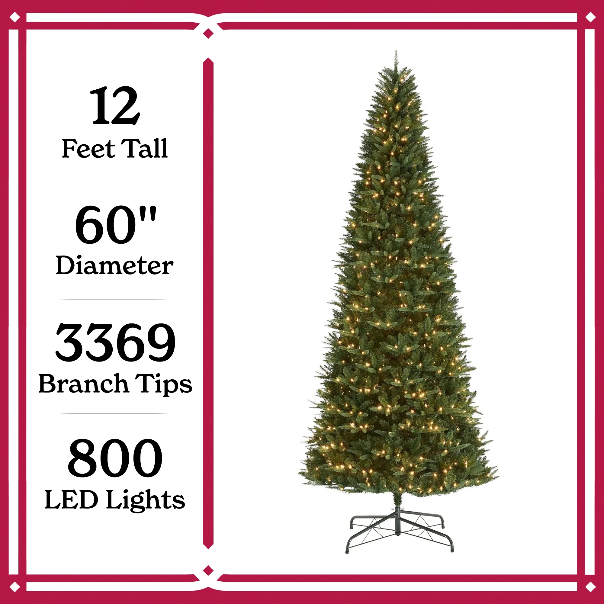 12ft Pre-Lit Rockford Sure-Lit Pole Slim Pine Christmas Tree, 800 LED, Green, by Holiday Time - Image 4