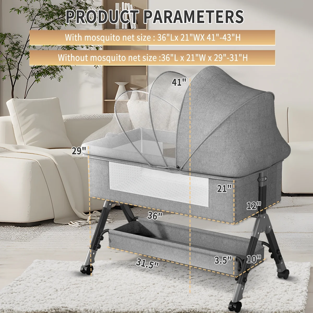 Baby Bassinet for Infant, Adjustable Bedside Sleeper Bassinet with Storage Basket, Bed Side Crib for 0-6 Months, Gray - Image 3