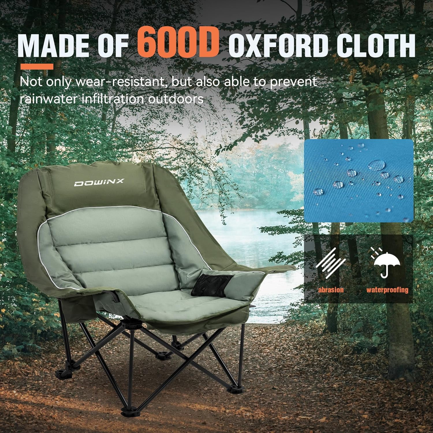 Dowinx Oversized Extra Large Camping Chair, Lawn Chairs, Folding, 3 Levels Adjustable Padded Camping Chair for Adults, Heavy-Duty 600D Oxford Cloth, with Cup Holder, 400 Pound Capacity, Green - Image 4