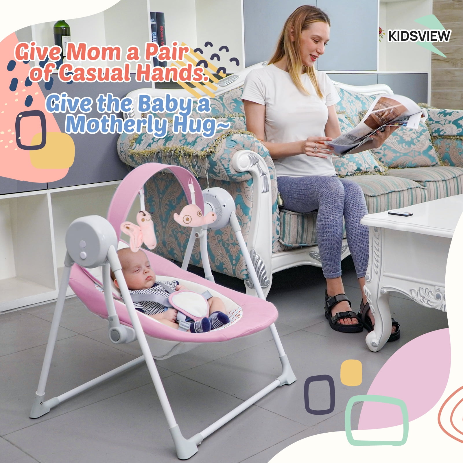 Yadala Baby Swing, Foldable Baby Swing for Infants with 5 Speed, 12 Music, 0-12 Months, Pink - Image 8