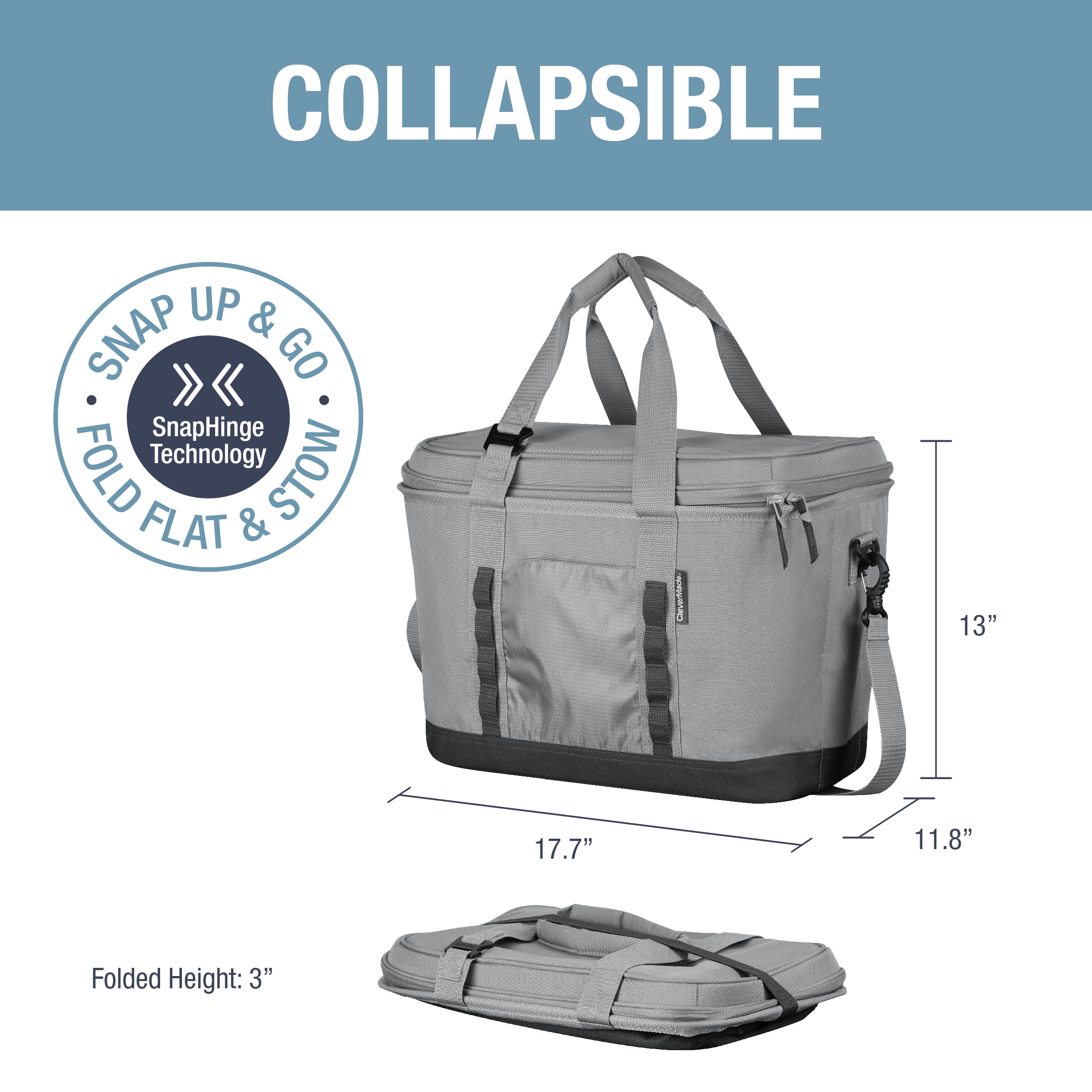 CleverMade 50 Can Pacifica Collapsible Cooler, Grey/Charcoal - Image 4