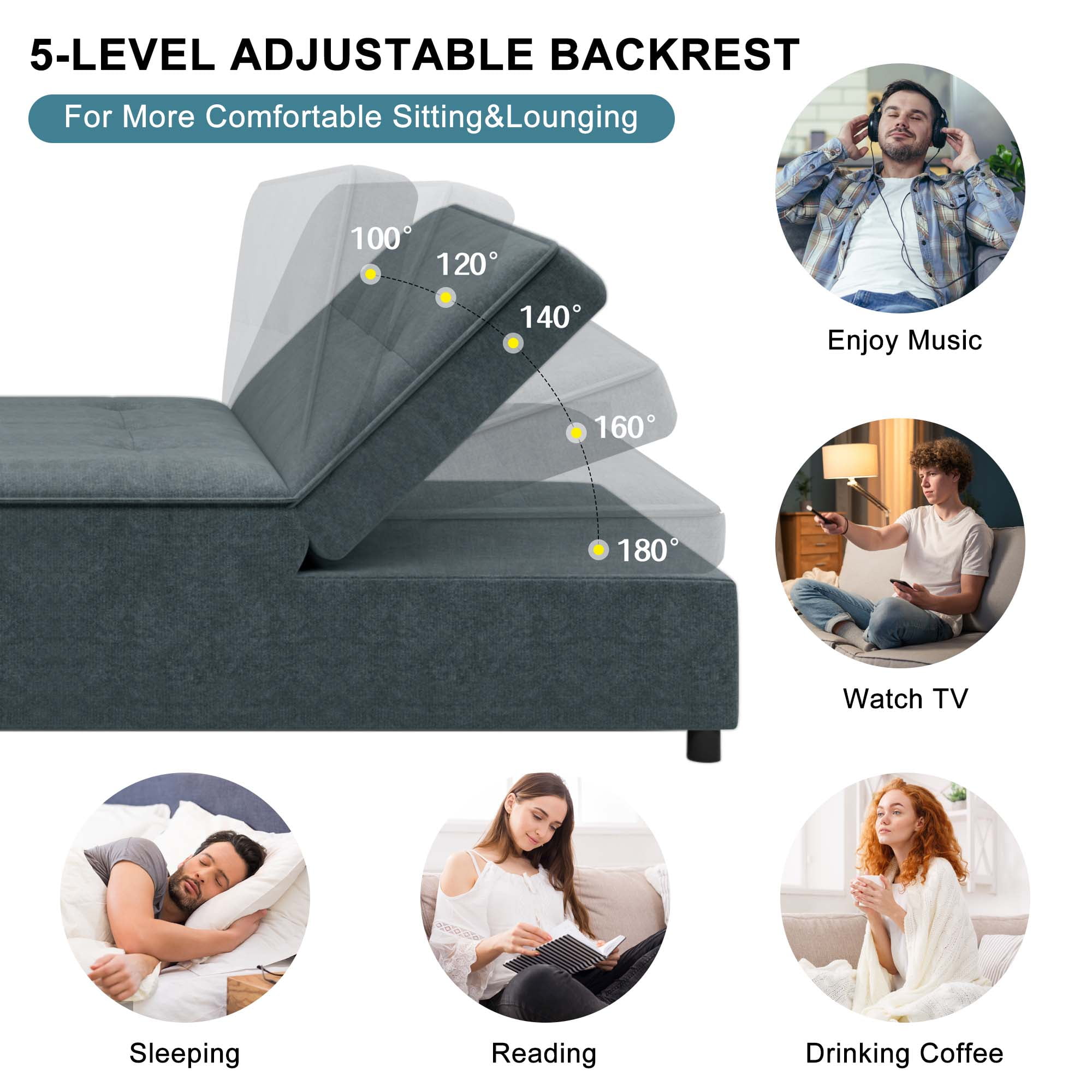 Aukfa Convertible Sleeper Sofa Chair Bed, 3-in-1 Pull Out Sleeper Chair with USB Port and Pocket for Living Room - Gray - Image 4