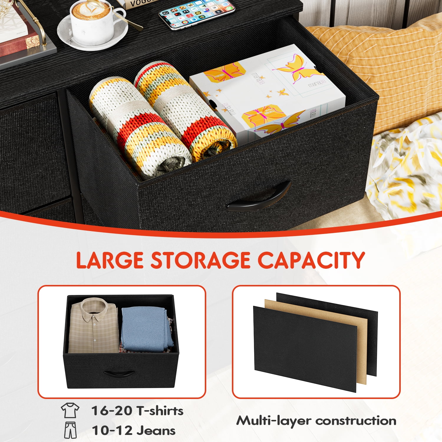 Vineego Dresser for Bedroom with 8 Drawers, Wide Chest of Drawers, Fabric Dresser,Black - Image 8