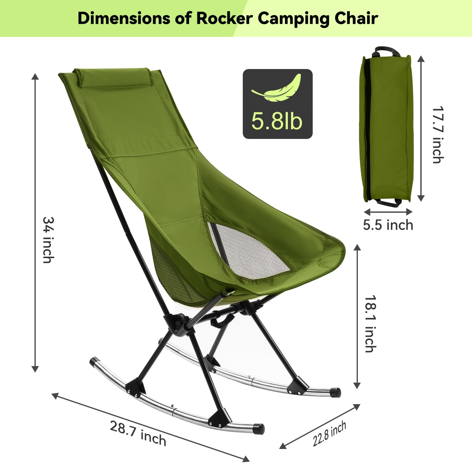 Camping Chair, Vecukty High Back Rocking Chair 165 lbs Capacity, Heavy Duty Compact Outdoor Portable Folding Rocker Chair for Camping Hiking Gardening Travel Beach Picnic,Green - Image 7