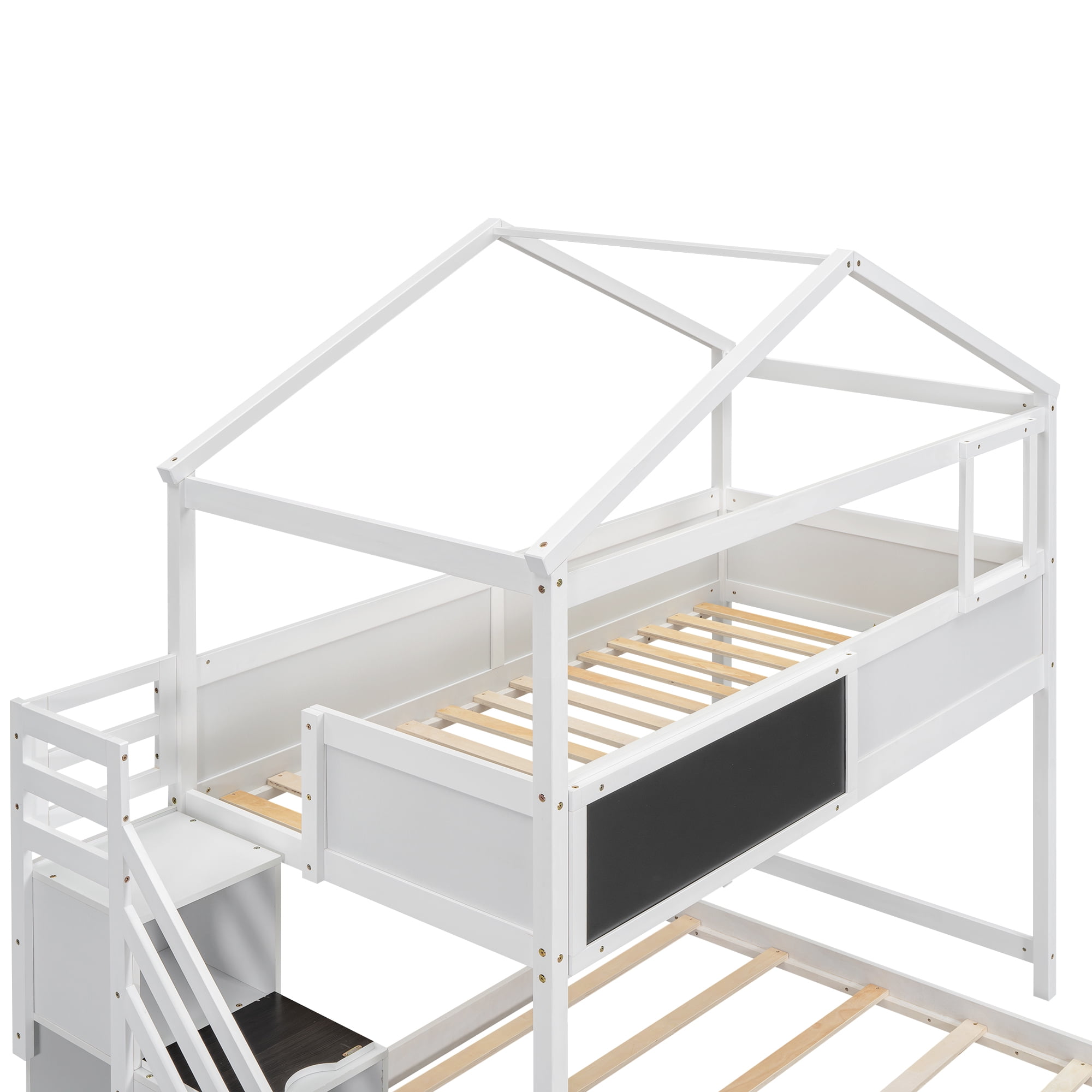 Euroco Twin over Full House Bunk Bed with Storage Staircase and Writting Blackboard for Kids Teens Bedroom, Moverable Lower Bed, White - Image 3
