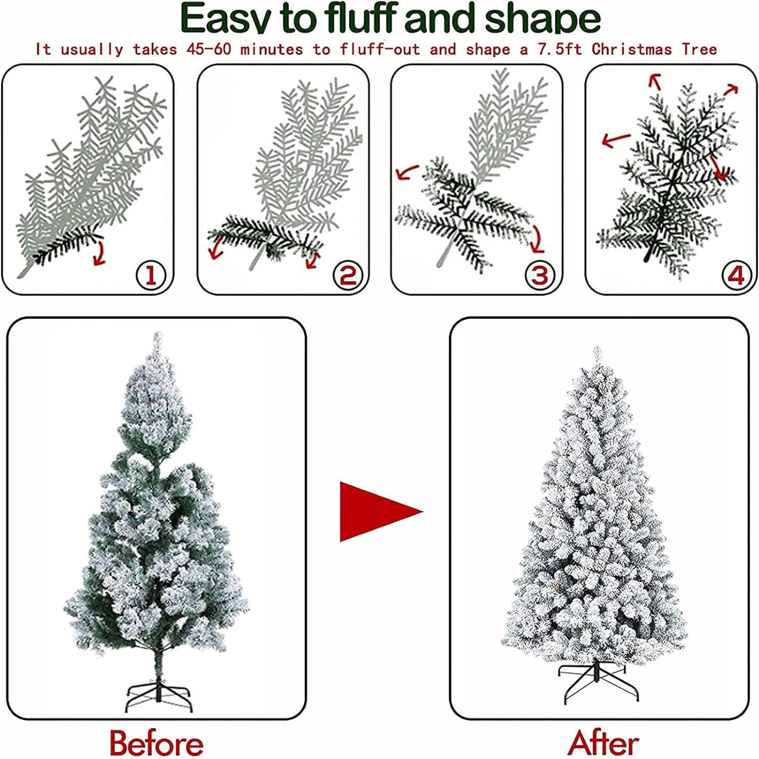 HONGGE 6ft Snow Flocked Christmas Tree Premium Artificial White Christmas Tree with 1000 Branch Snow Tips and Metal Stand Fake Xmas Tree for Home Office Party Christmas Decorations (6ft White) - Image 5