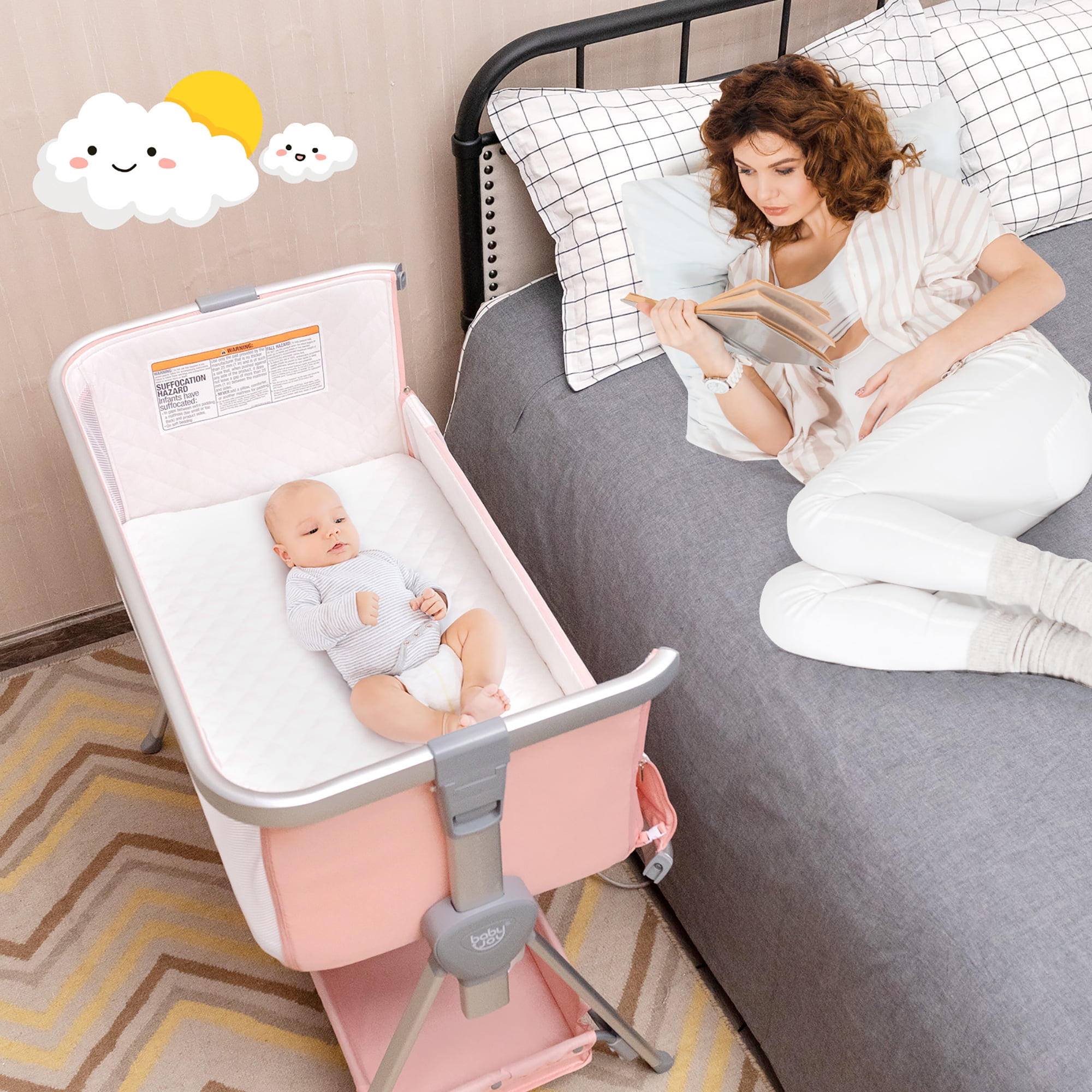 Costway Bed Side Crib Portable Adjustable Baby Infant Travel Sleeper Bassinet Peach - Image 4