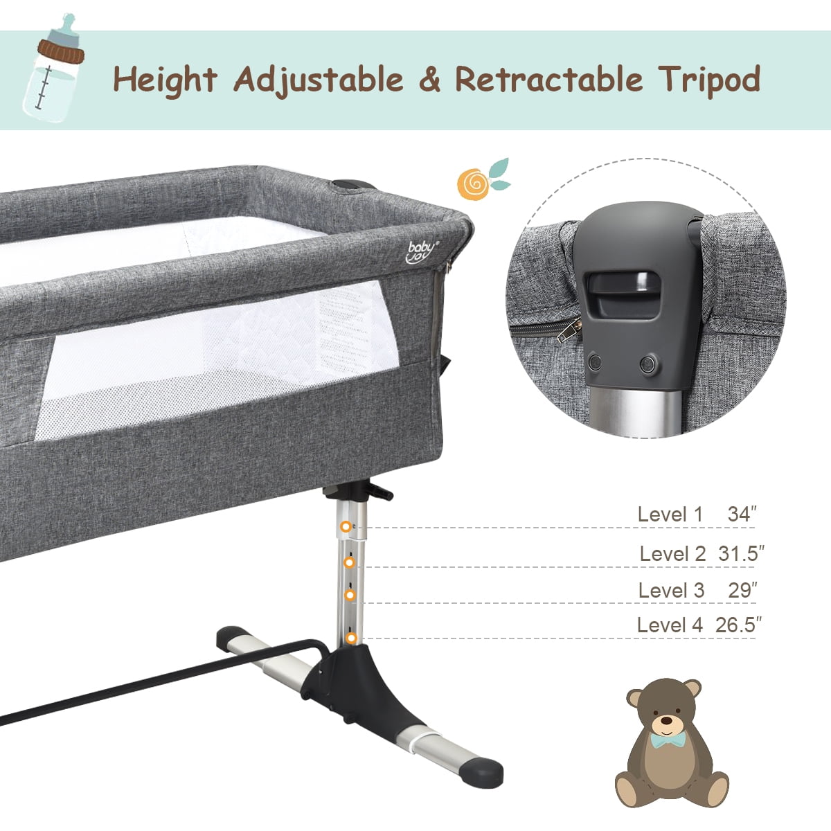 Costway Baby Playard Bassinet Bed Side Crib Infant Sleeper Breathable Mesh with Carrying Bag Gray - Image 3