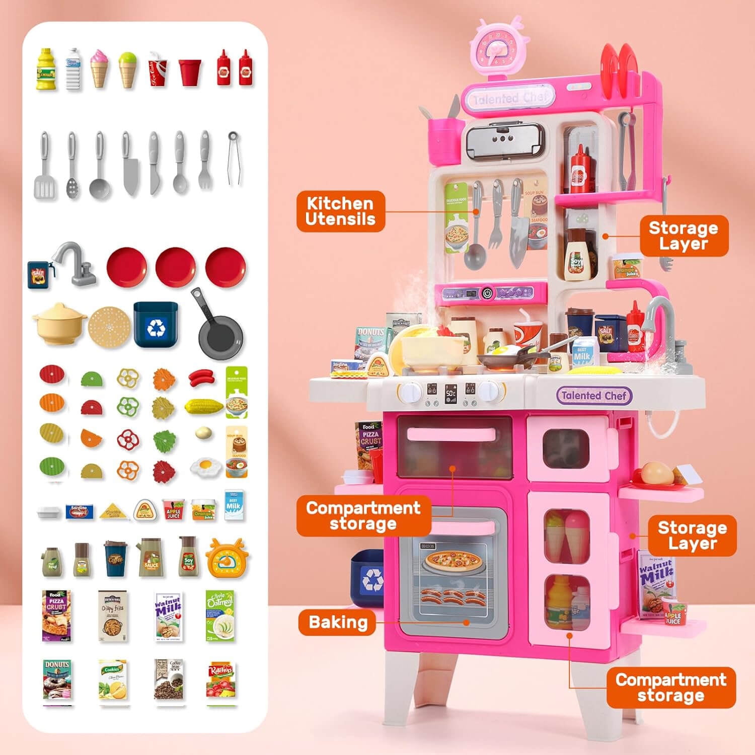 RUVINCE Kids Kitchen Playset, Play Kitchen Set with Sound & Light, Cooking Stove with Steam, Toy Sink,Play Food Toy and Kitchen Accessories for Pretend Play, Kitchen Toy Set for Toddler Girls - Image 4