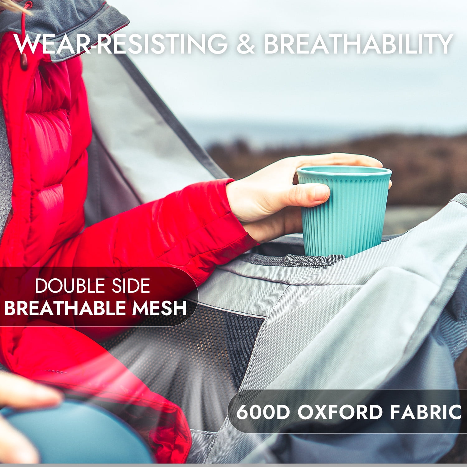 Dowinx Double Camping Chair Loveseat, Portable Folding Outdoor Lawn Chair with Padded Seats, Armrests, Side Pockets, 440lbs Capacity for Beach, Patio, Picnic - Gray PRO - Image 7