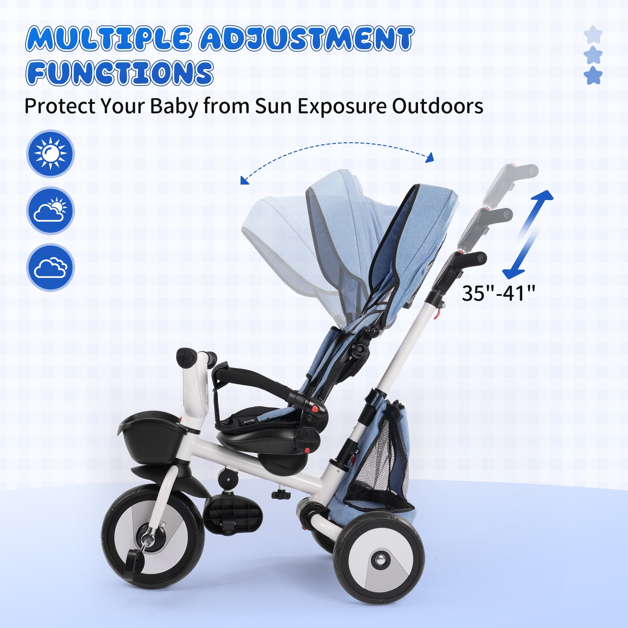4-in-1 Foldable Baby Tricycle w/Adjust Handle, Canopy & Storage,18M-5Y Blue - Image 4