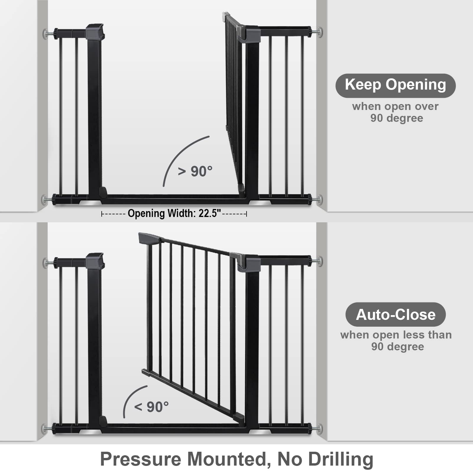 Yacul 29.3"-46" Extra Wide Baby Gate, 30" Tall Auto Close Walk Through Door Baby Safety Gate Pet Dog Gate for Doorways, Stairs, Hallways, Black - Image 8