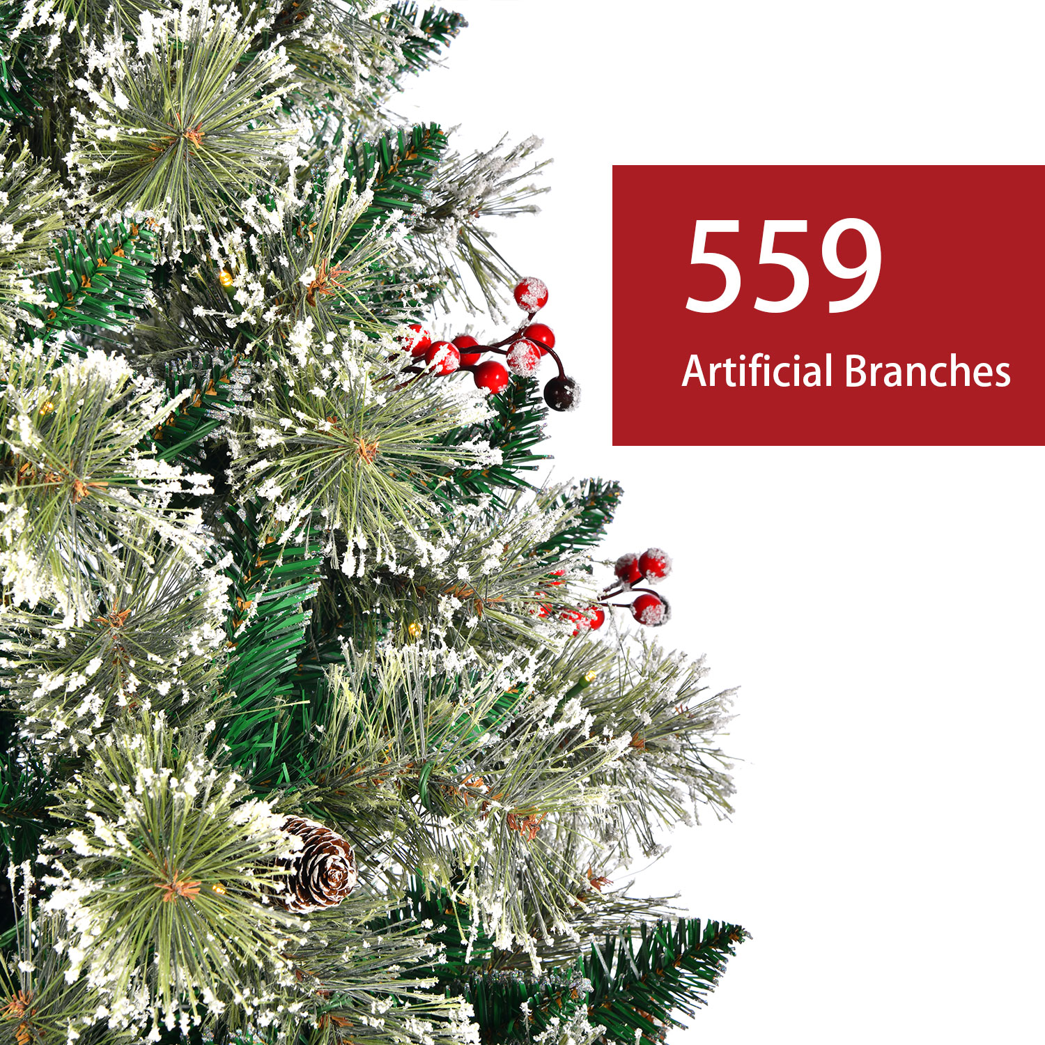 SUGIFT 6.5ft Premium Christmas Tree with Flocked Snow Pine Cone Red Trim and 200 Warm White Lights - Image 4