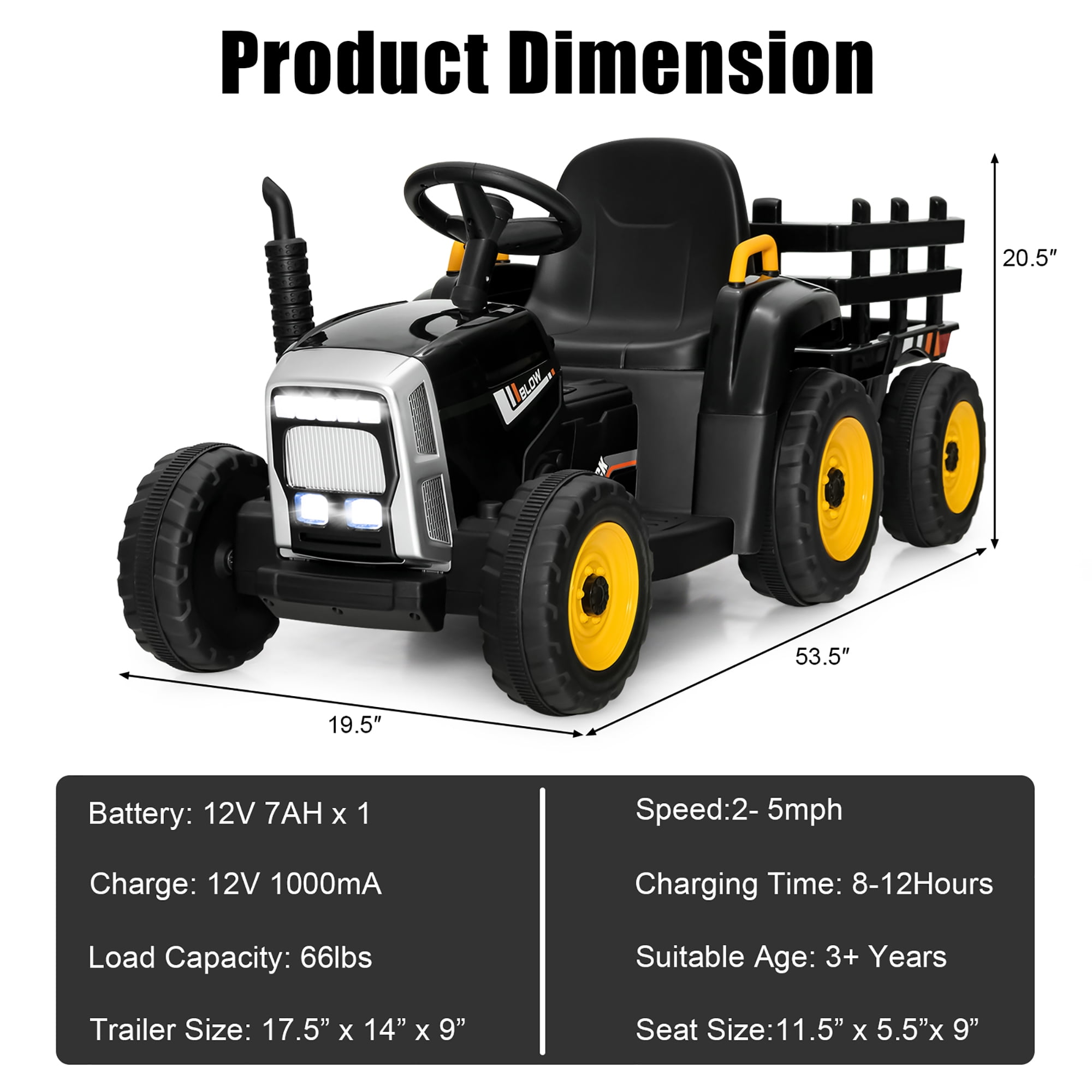 Costway 12V Kids Ride On Tractor with Trailer Ground Loader w/ RC & Lights Dark Black - Image 8