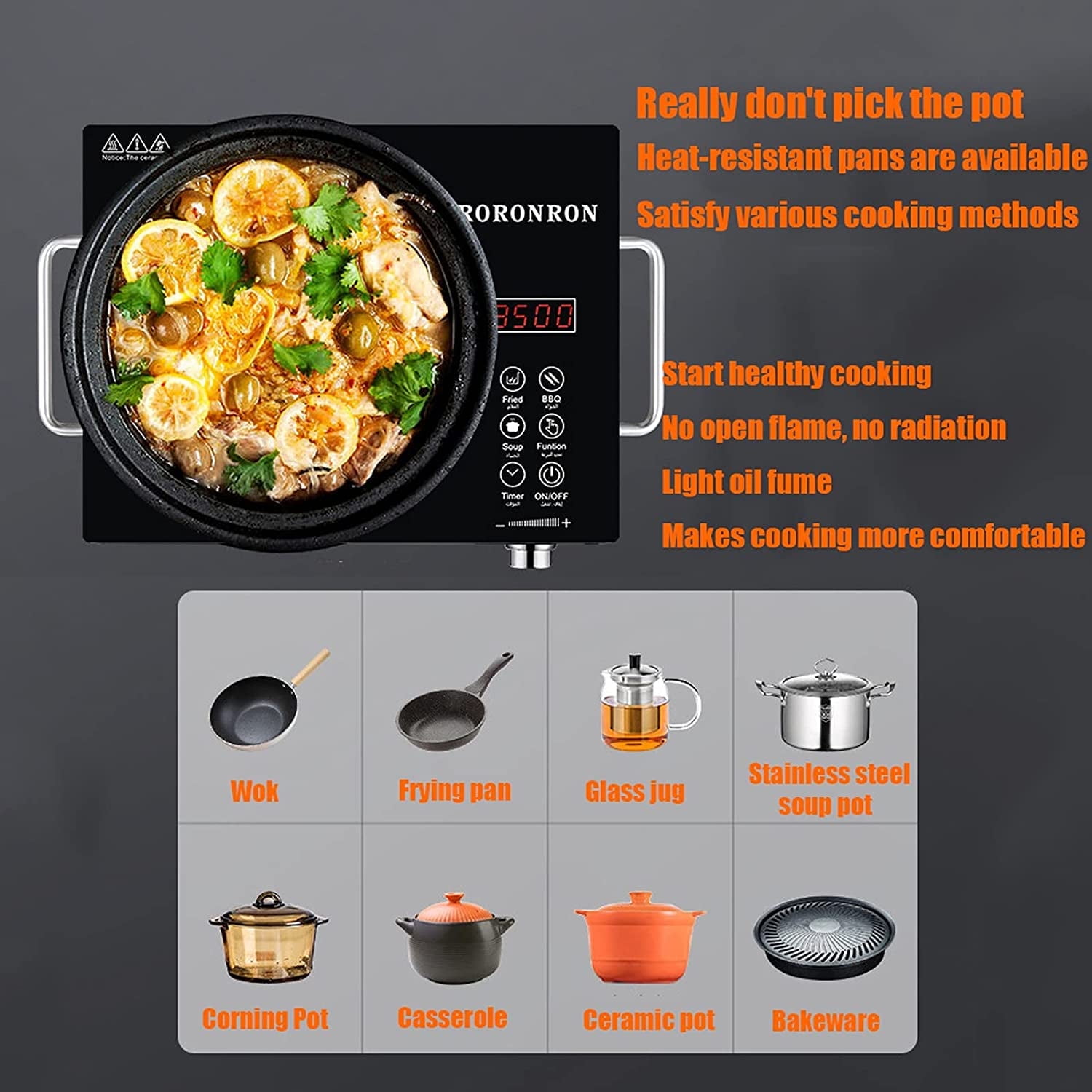 3500W Electric Ceramic Stove,Portable Cooktop,Infrared Induction Cooker Hot Plate,with All Cookware,Heat-Up In 5S with Timer,LED Screen,One-piece Panel for Easy Cleaning - Image 6