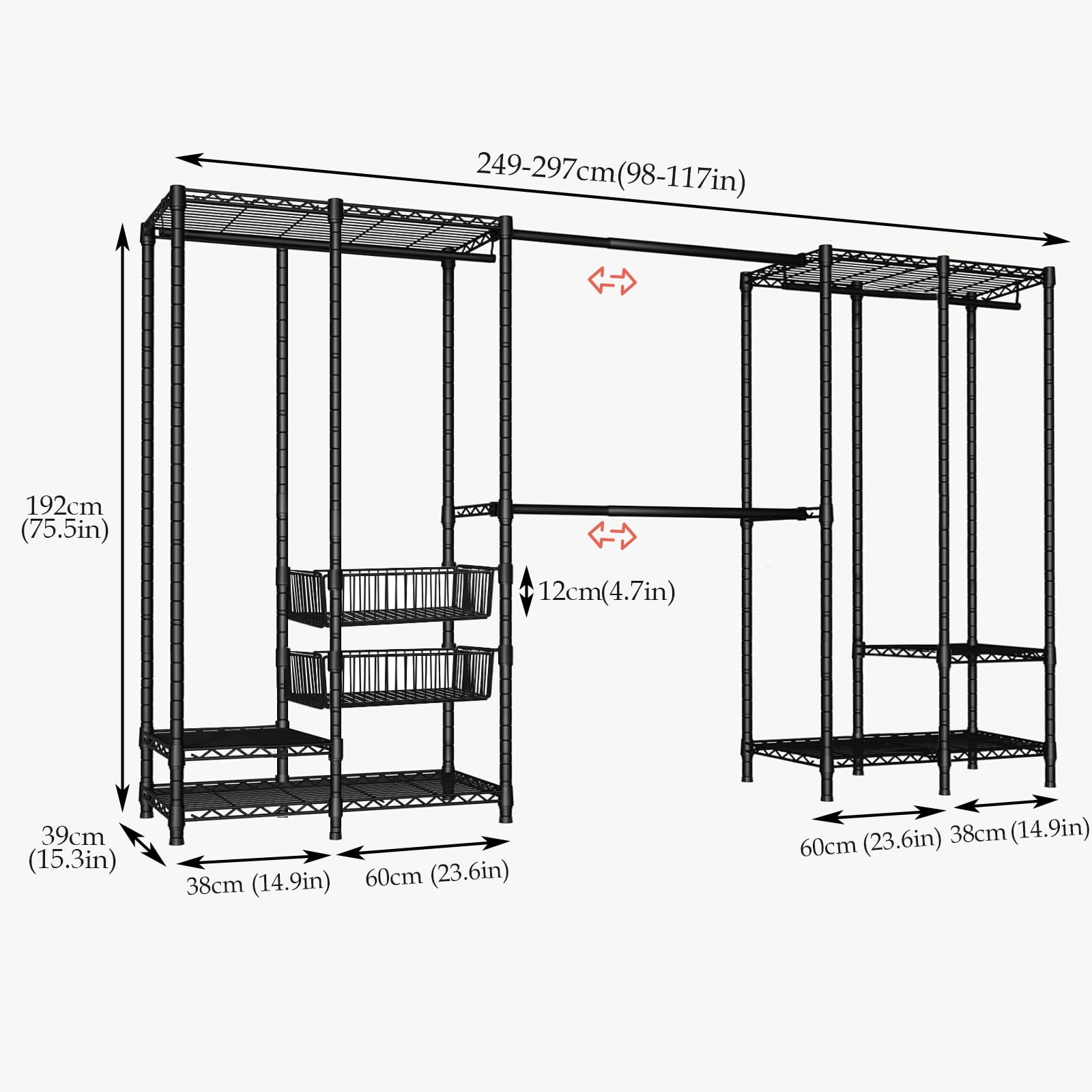 Untyo Clothes Rack Heavy Duty, Metal Clothing Racks for Hanging Clothes, Garment Rack with 4 Hang Rods & 6 Shelves & 2 Pull-Out Storage Baskets, Adjustable Closet Rack - Image 6