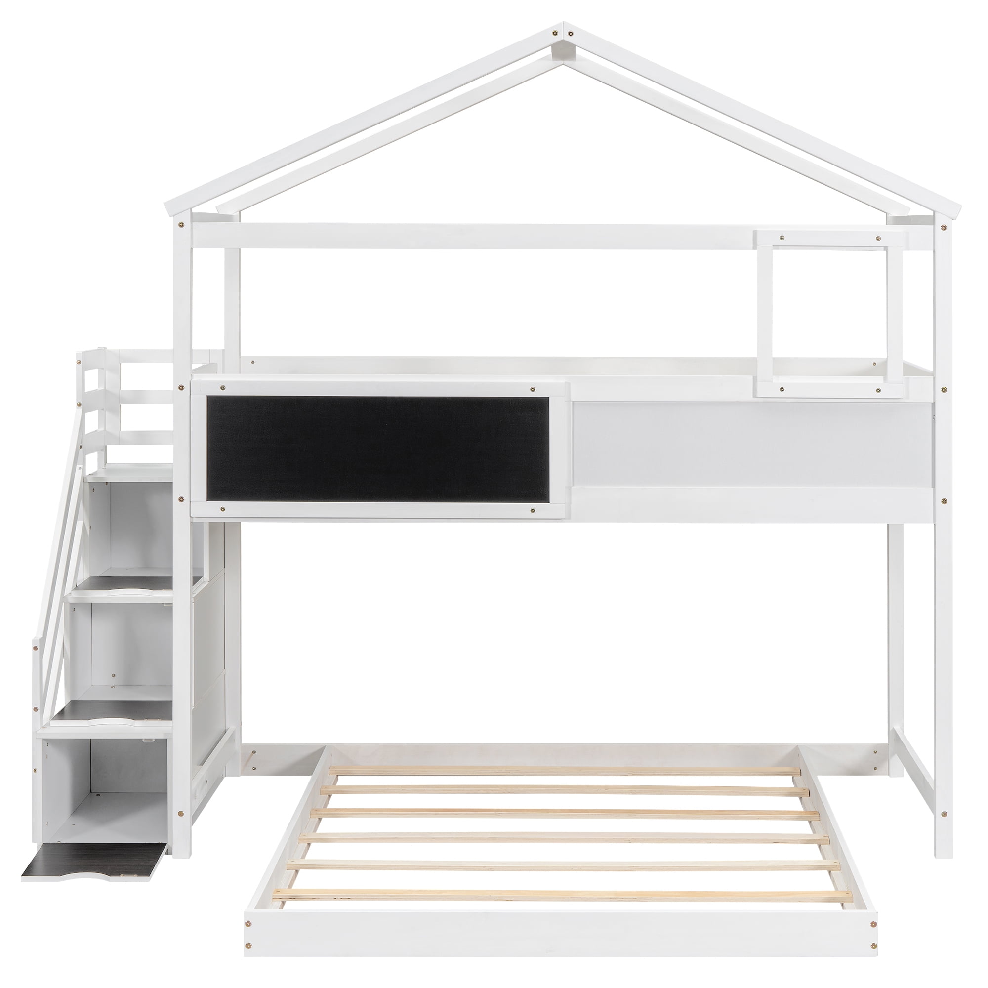 Euroco Twin over Full House Bunk Bed with Storage Staircase and Writting Blackboard for Kids Teens Bedroom, Moverable Lower Bed, White - Image 6