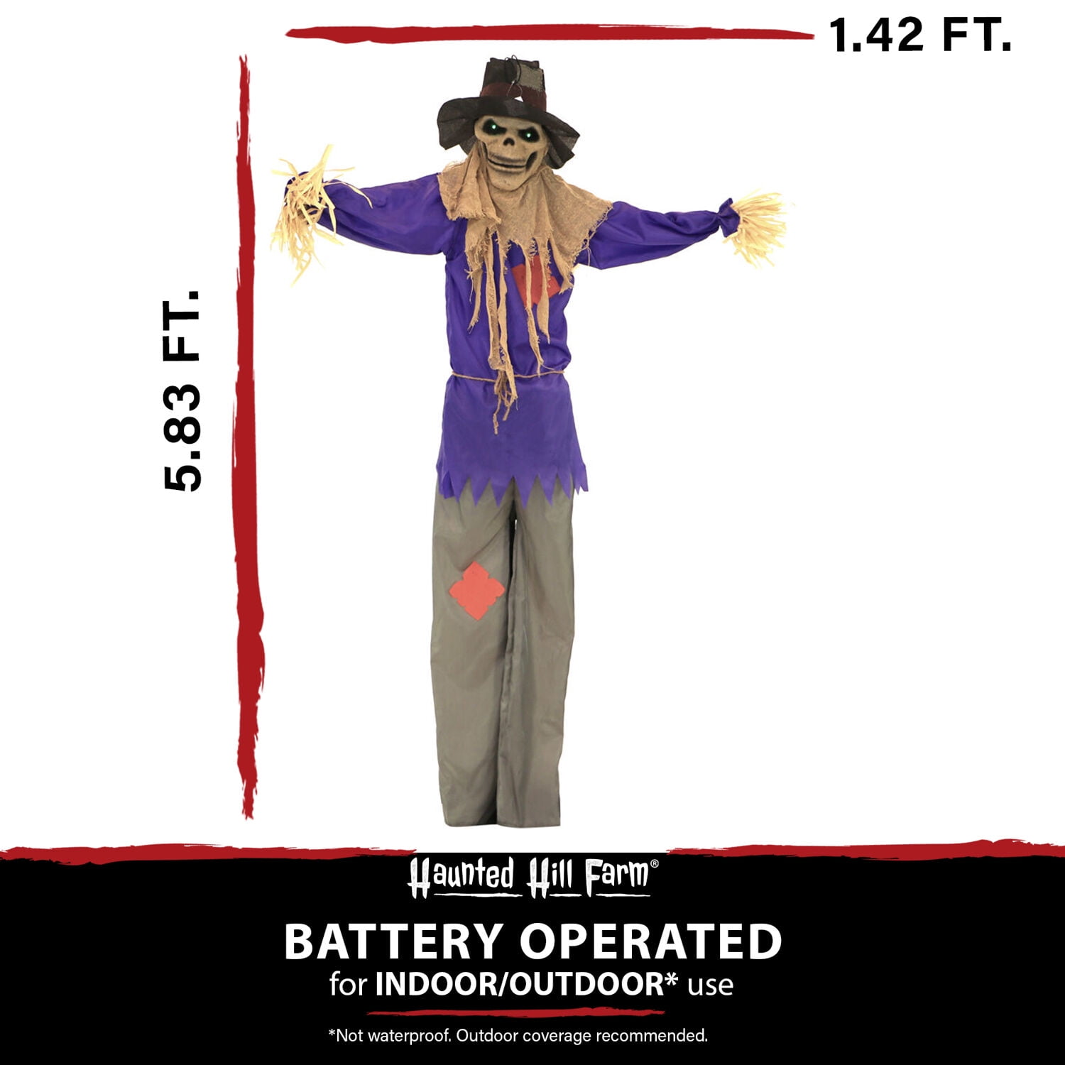 Haunted Hill Farm 6 ft Standing Halloween Scarecrow Yard Decoration with LED Green Eyes, HHSCR-5FLS - Image 6