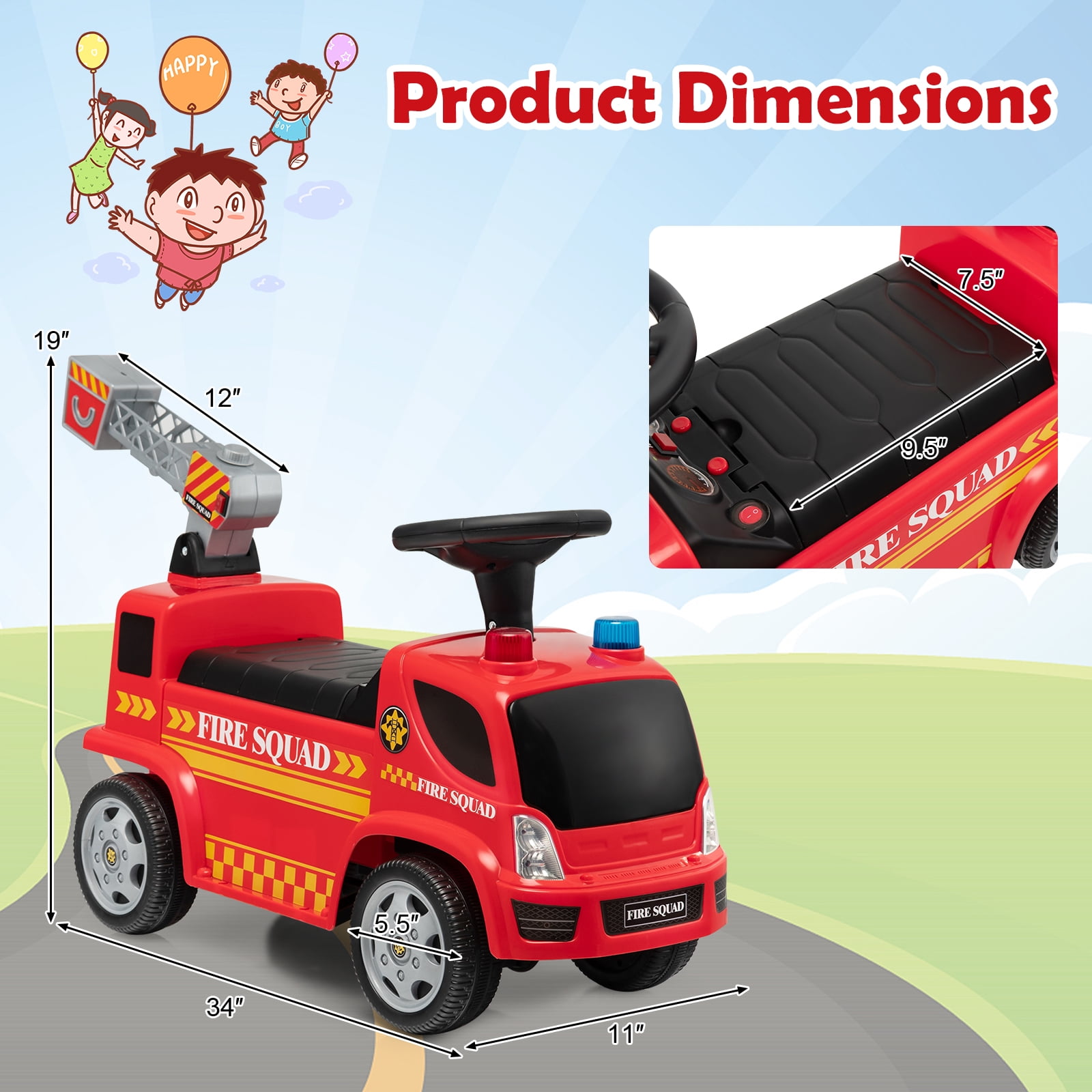 Costway Kids Ride On Fire Truck Foot-to-Floor Sliding Push Car w/ Music & Bubble Maker - Image 8