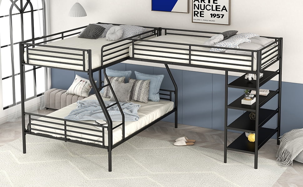Euroco Metal Twin over Full Bunk and Twin Loft Bed with Four-Tier Shelves for Kids Teens Adults, 3 Beds in 1, Black - Image 8