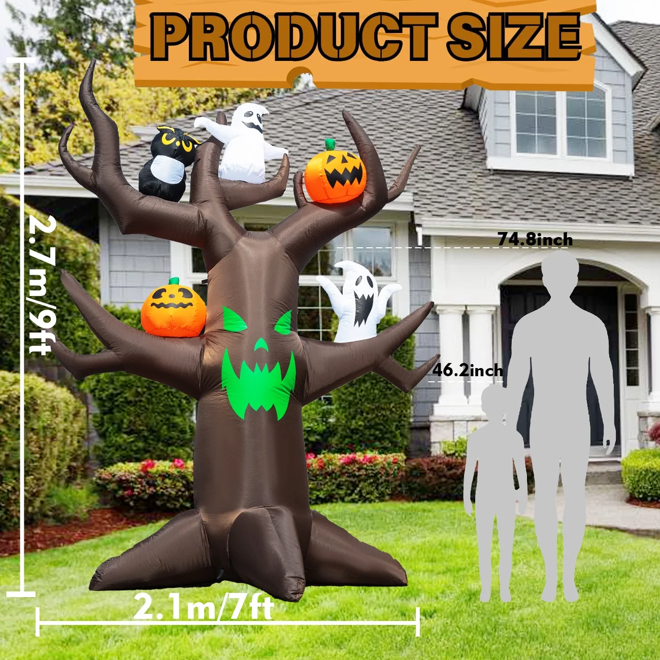 Husfou 9ft Halloween Inflatable Tree Decoration with pumpkin, Ghost, Owl, Blow up Yard Inflatables with Built-in LEDs for Garden Lawn Indoor Party Decor - Image 3