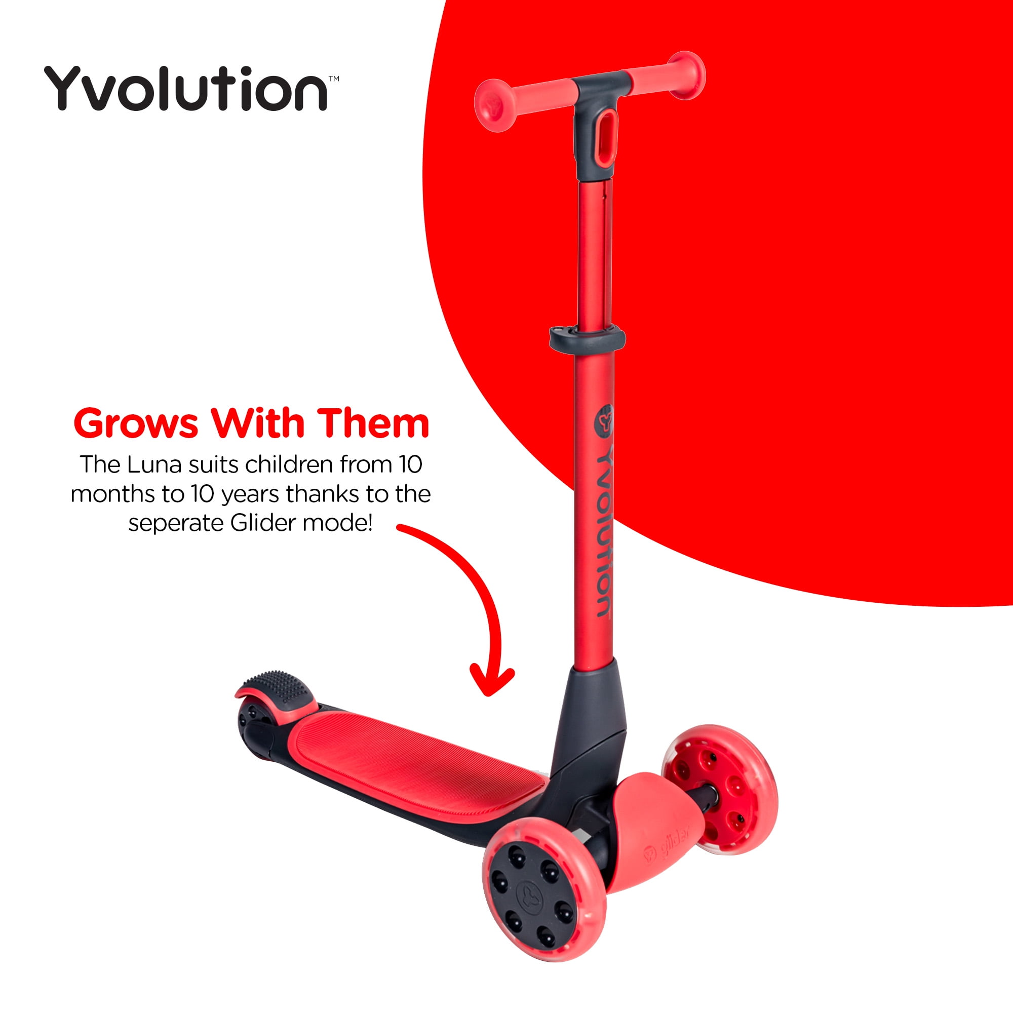 Yvolution Y Glider Luna, 3-in-1 Ride-on Toy to Kids Kick Scooter LED Light-up Wheels Red Unisex - Image 6